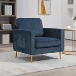Fauteuil en tissu avec pieds en acier doré, grand confort, pochettes latérales, pour salon, bureau, chambre, bleu