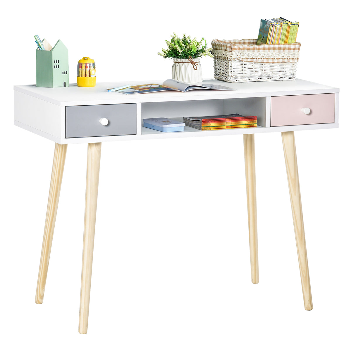 Eskandinaviar estiloko haurrentzako mahaia, tiradera eta biltegiratze-konpartimenduarekin, 100L x 48l x 76,5H cm, MDF eta pinua, zuria, grisa eta arrosa