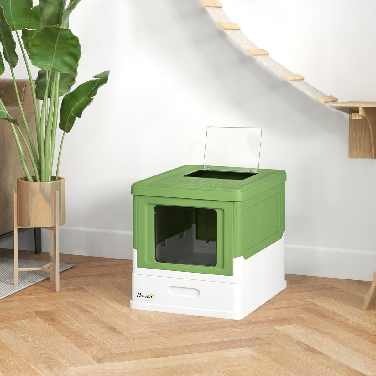 Lettiera per gatti pieghevole con doppia porta a battente e apertura superiore, paletta inclusa, 47,5 x 35,5 x 36,7 cm, verde avocado