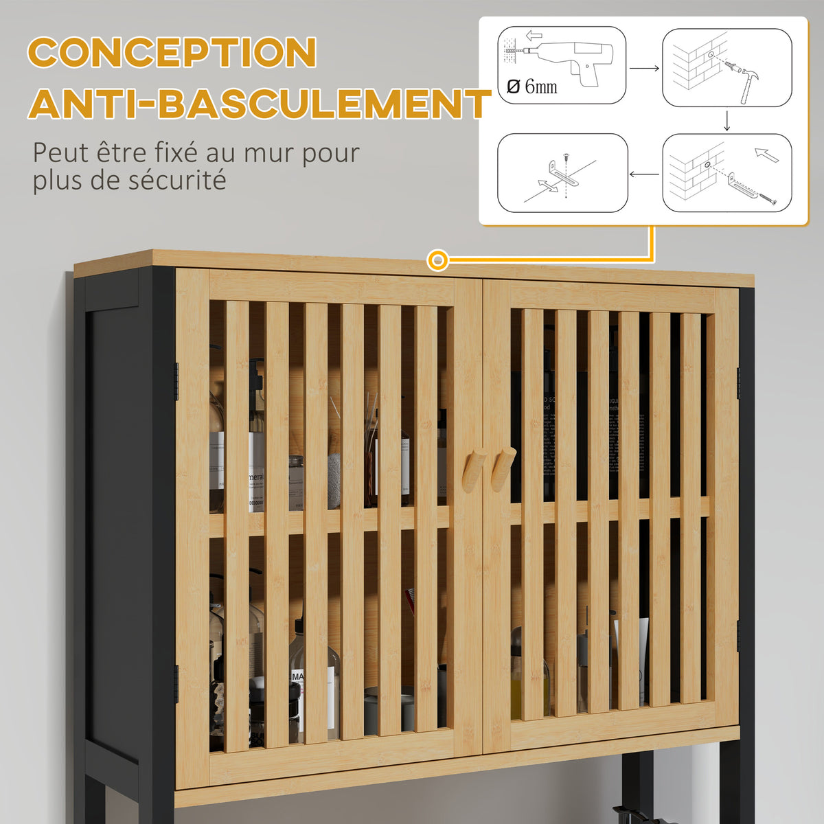 Étagère de toilettes meuble de salle de bain dessus toilette WC avec placard 2 portes et étagère ouverte bambou