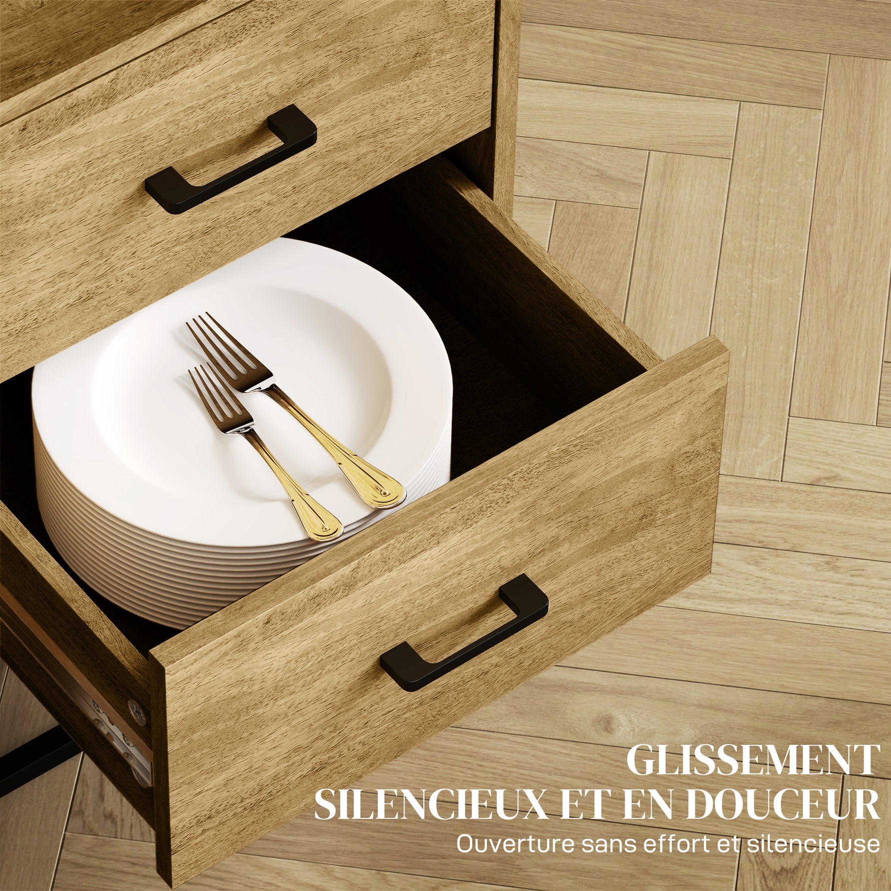 Buffet, meuble de rangement avec 2 tiroirs, compartiment ouvert et étagère réglable, 80l x 40P x 78H cm, naturel