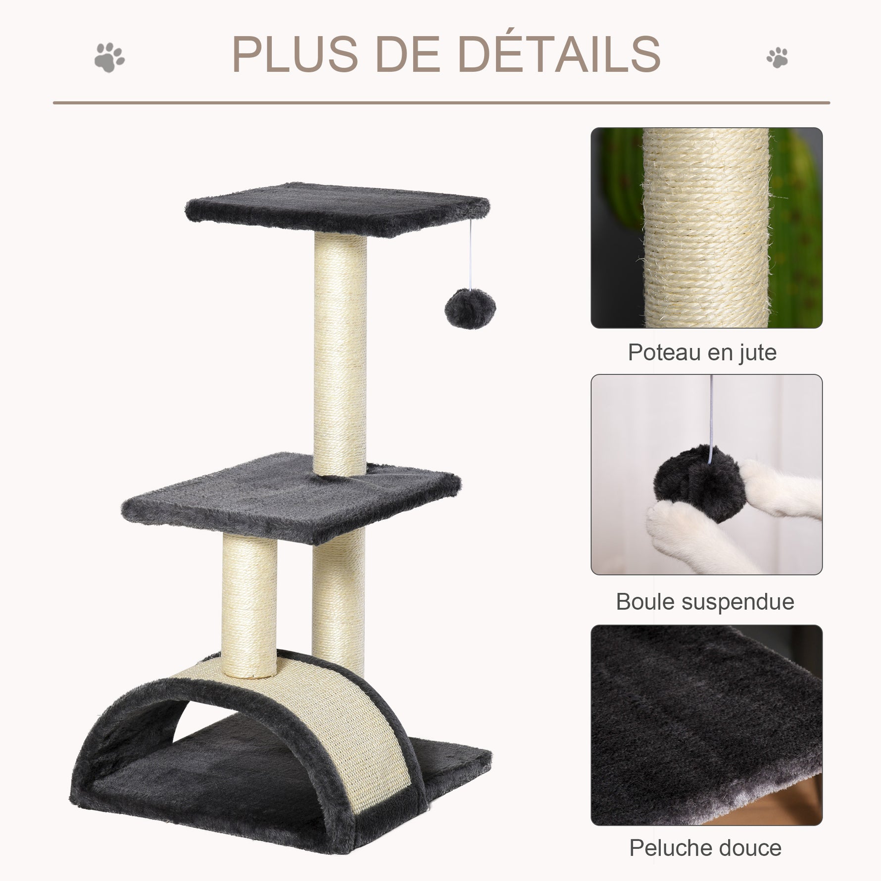 Arbre à chat arbre à grimper griffoir pour chat hauteur 72 cm balle suspendue gris foncé