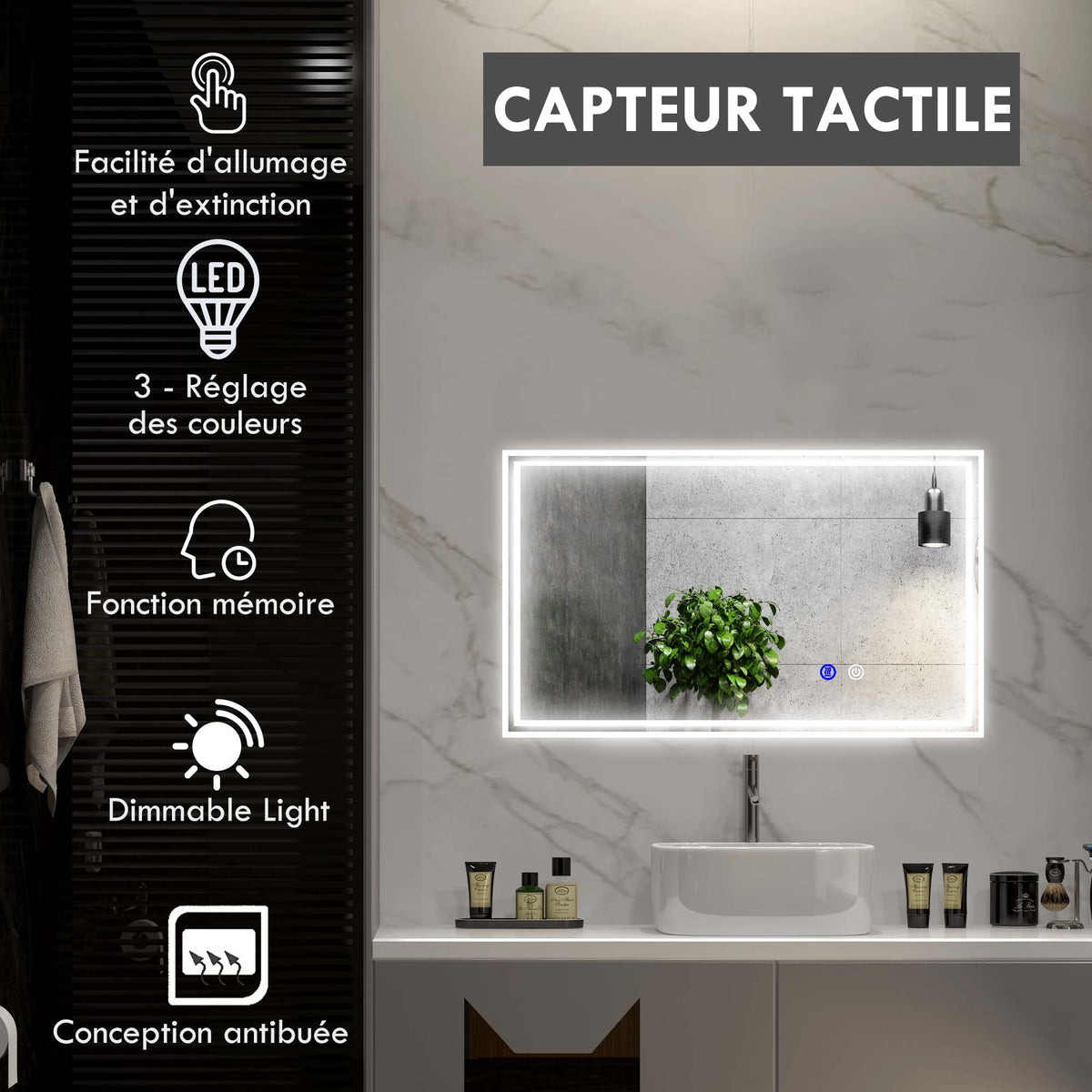 Miroir de salle de bain rectangulaire mural lumineux LED horizontal ou vertical, 100 x 60 cm