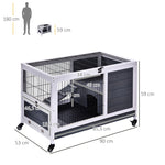 Clapier lapin intérieur, cage lapin avec toit ouvrant, roulettes, plateau amovible et rampe, cage en bois, 90 x 53 x 59 cm, gris foncé et blanc