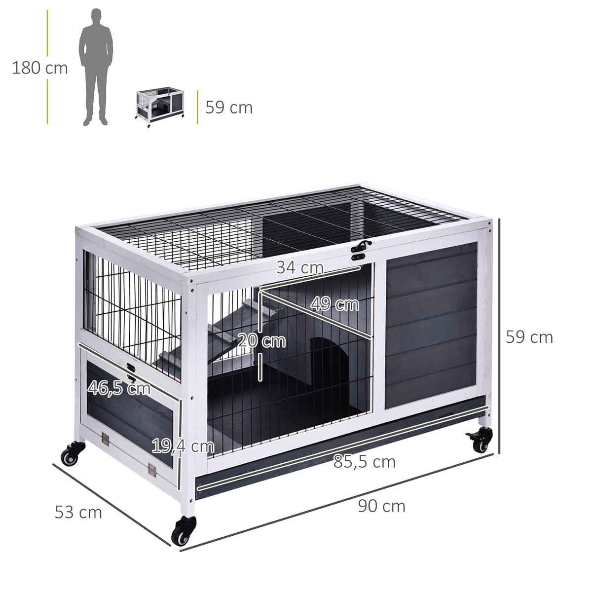 Clapier lapin intérieur, cage lapin avec toit ouvrant, roulettes, plateau amovible et rampe, cage en bois, 90 x 53 x 59 cm, gris foncé et blanc