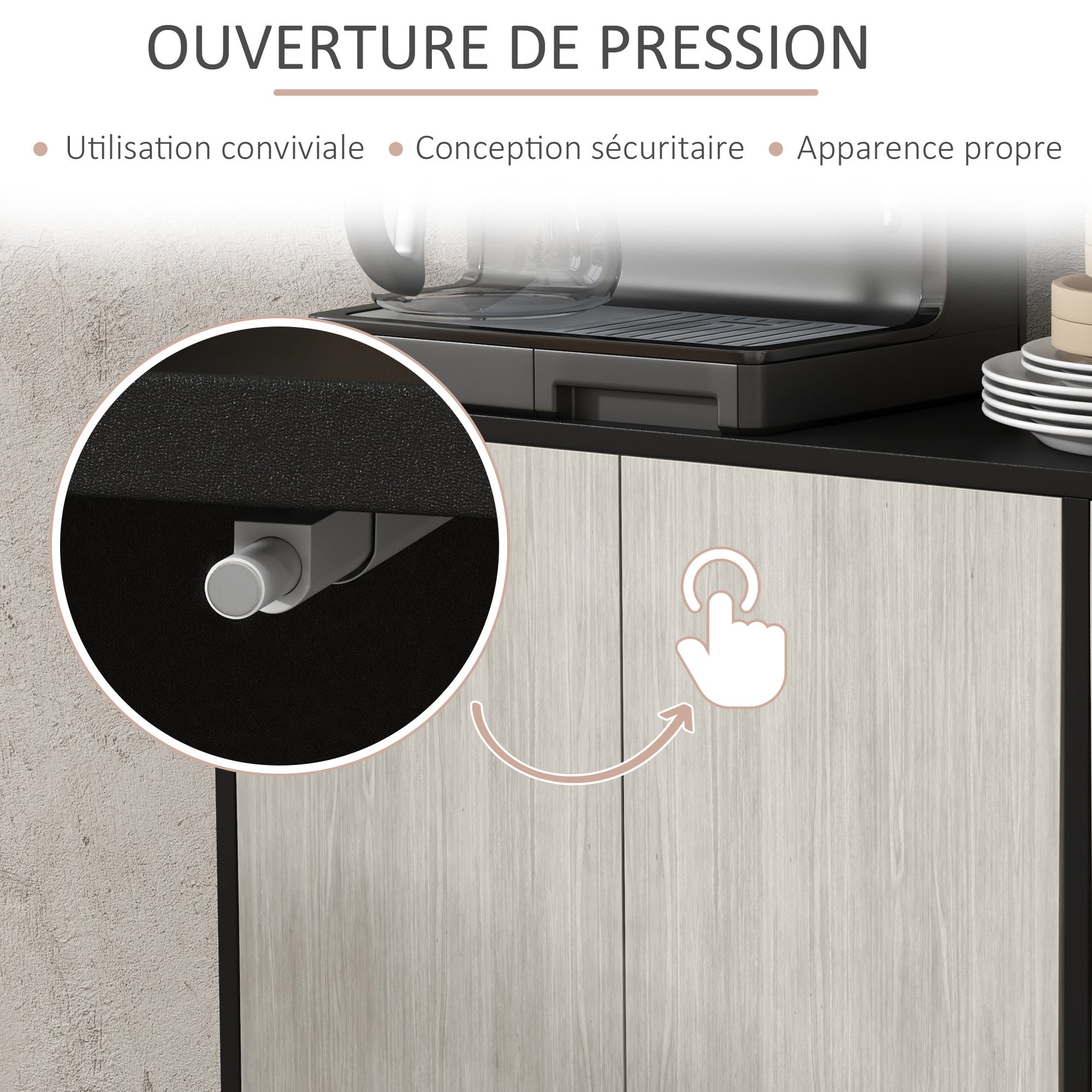 Buffet de cuisine meuble de rangement 2 placards avec étagères réglables, 121 x 37 x 75 cm, noir et aspect bois gris