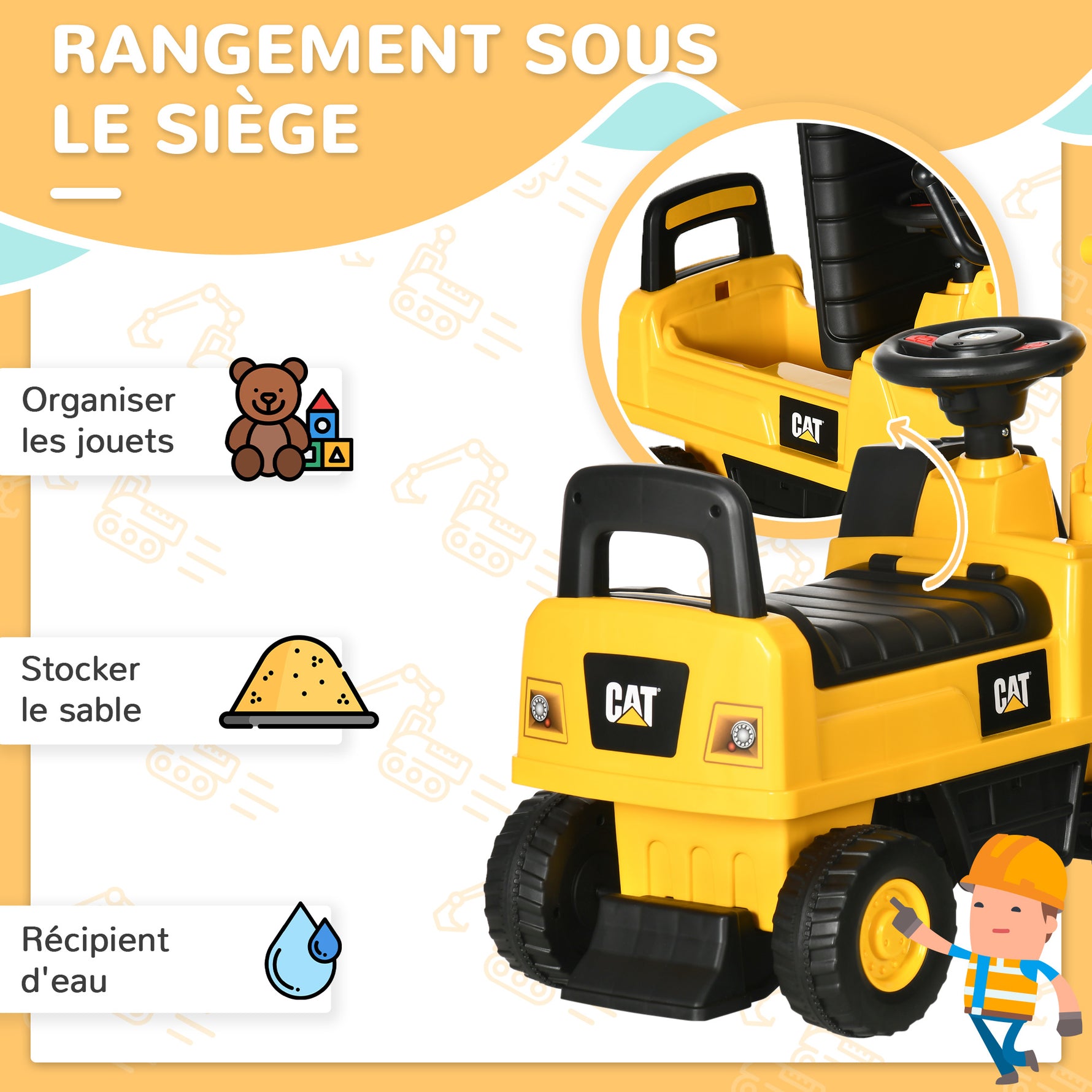 Tractopelle enfant sous licence CAT, porteur enfant, pelle manuelle, klaxon et rangement caché, 85x27,5x47,5cm, jaune