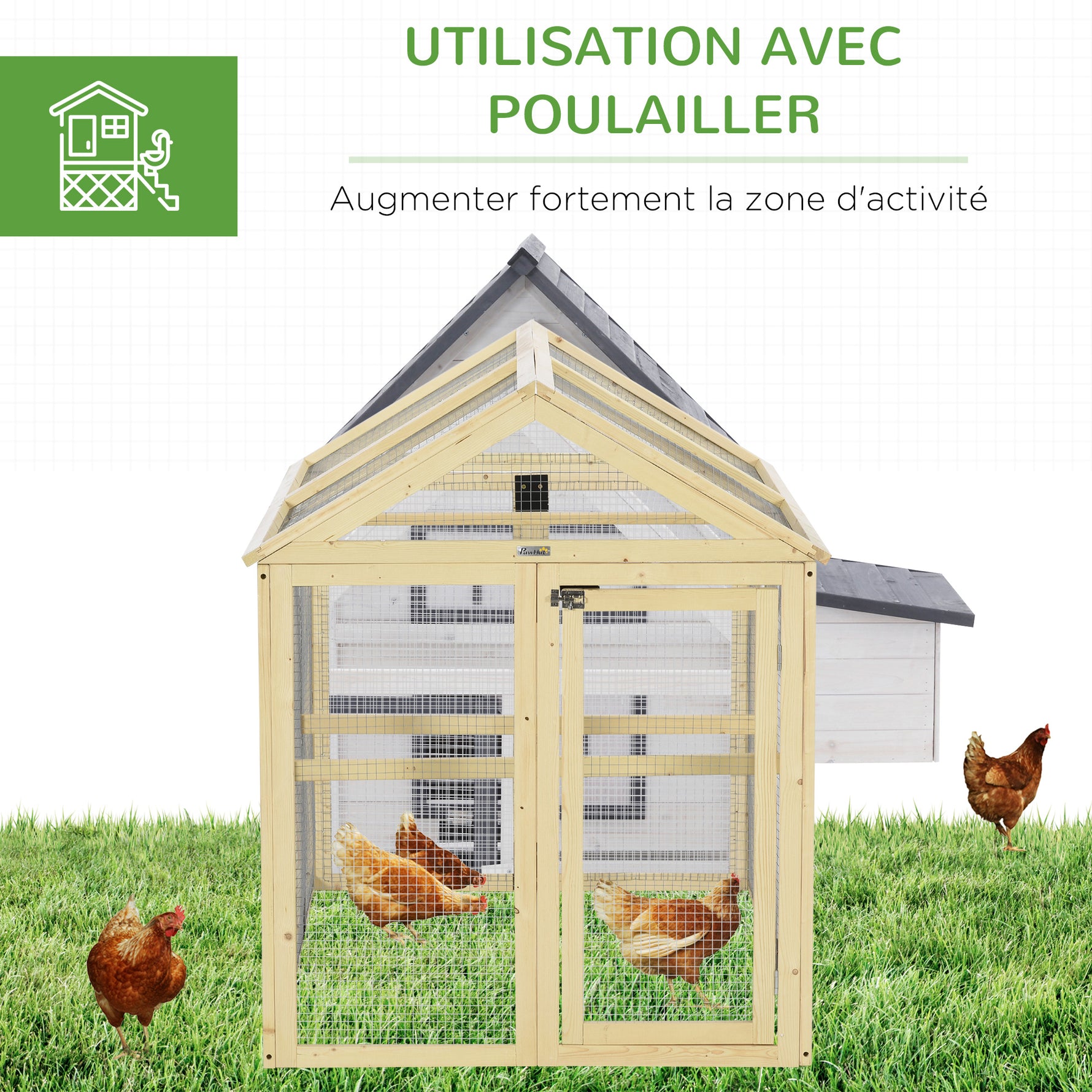 Enclos poulailler en bois cage à poules parc grillagé 140 x 88,5 x 106 cm naturel