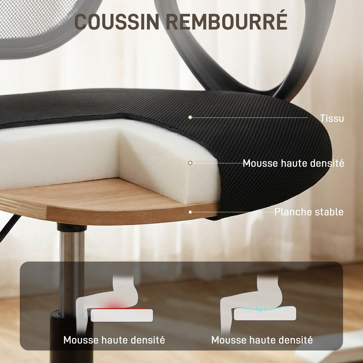 Chaise bureau ergonomique, fauteuil de bureau avec repose-pieds et accoudoirs, hauteur réglable, 59x58x103-123cm, noir