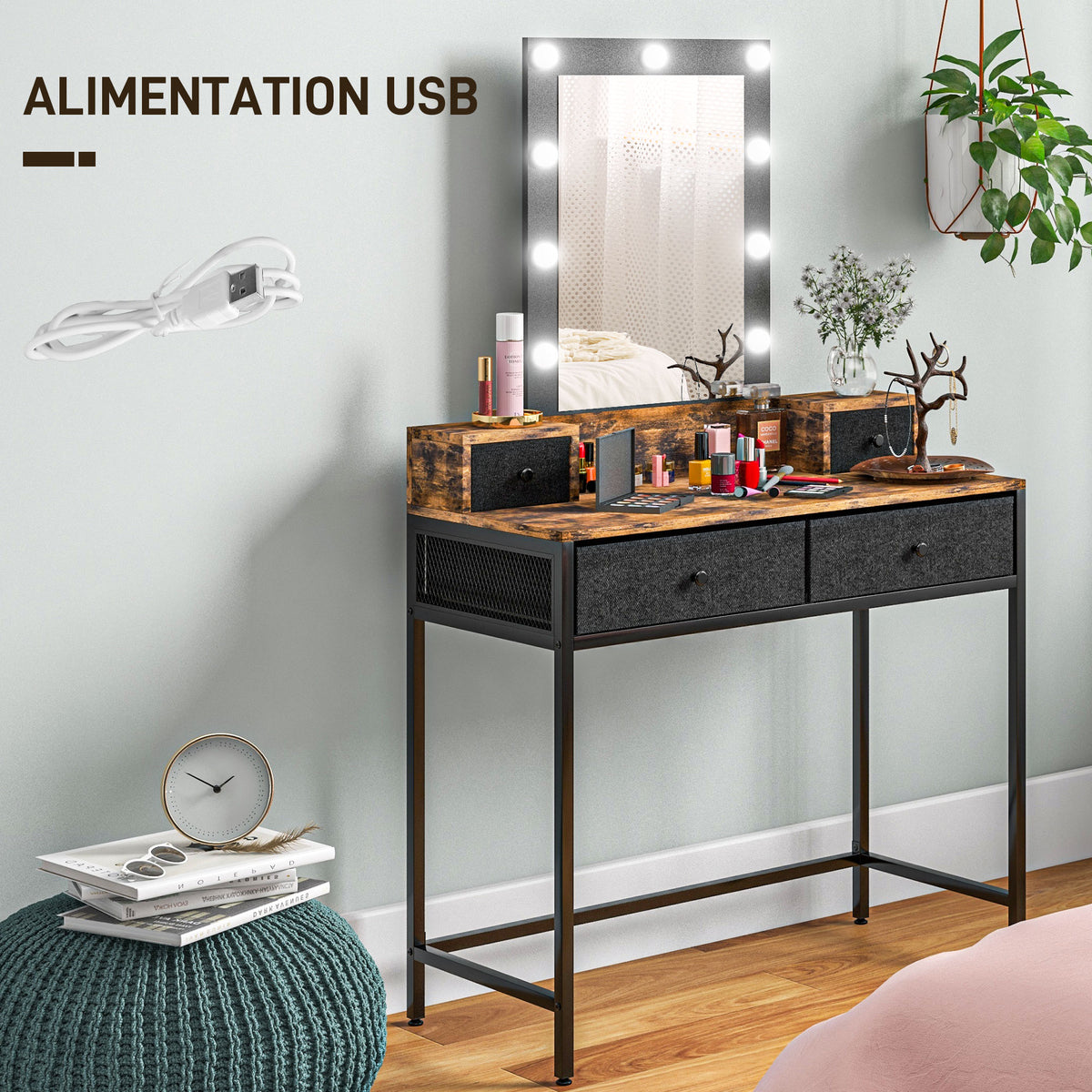 Coiffeuse table de maquillage miroir LED réglable intégré - pied en métal noir - 4 tiroirs en tissu - Aspect bois foncé