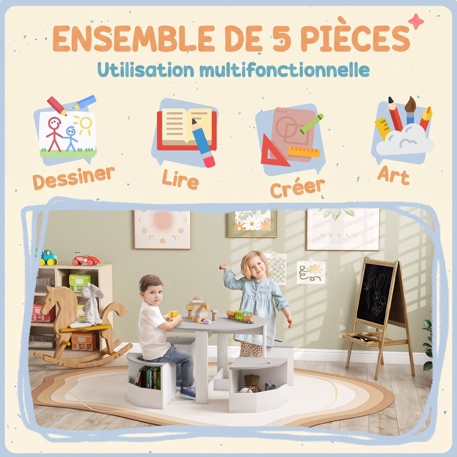 Table Enfant avec 4 Chaises 5 Pièces avec Rangement, Cadeau pour Fille Garçon 3-8 Ans, Ø 78 x 49 cm, Gris