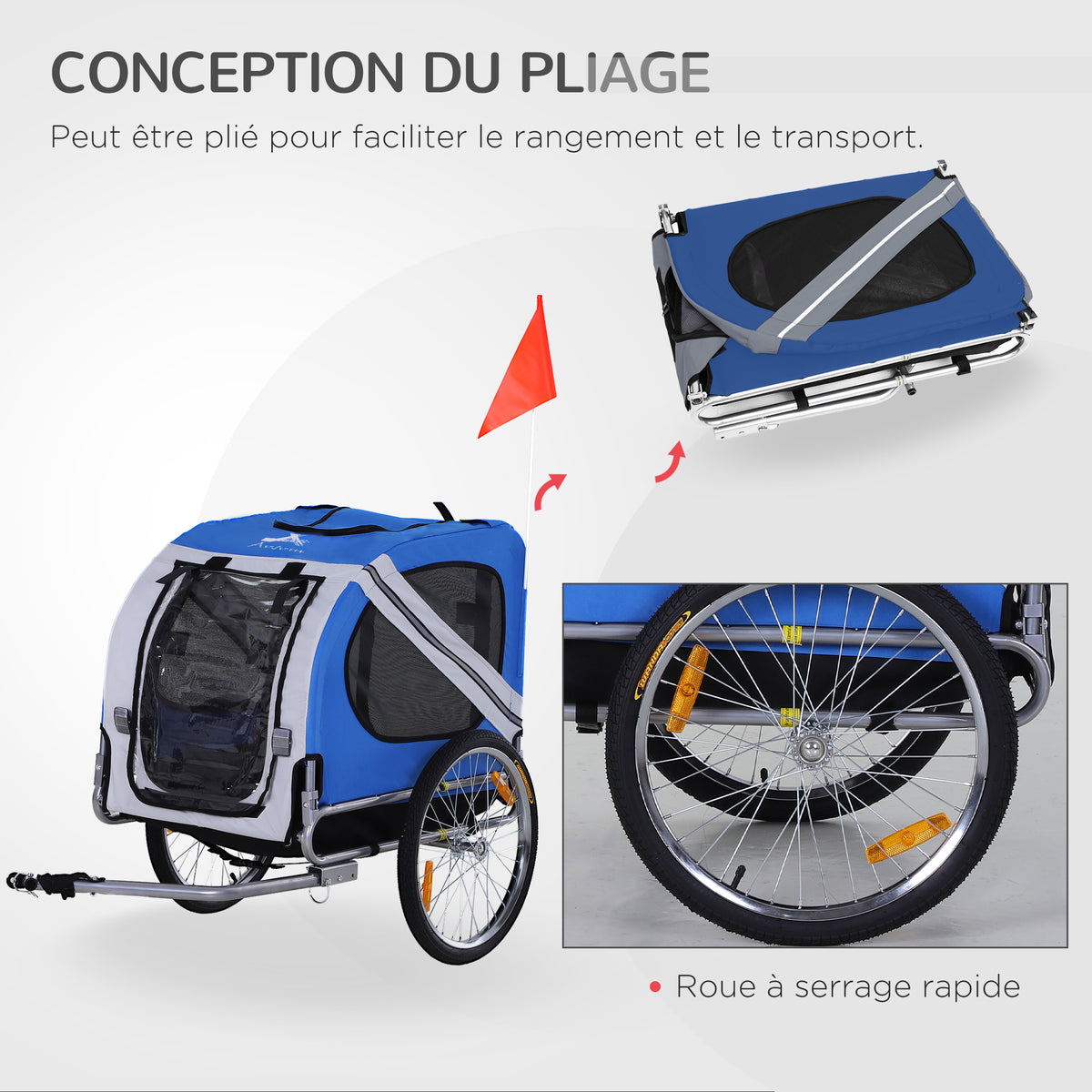 Remorque vélo pour chien animaux 8 réflecteurs drapeau barre attelage inclus 130 x 73 x 90 cm blanc et bleu
