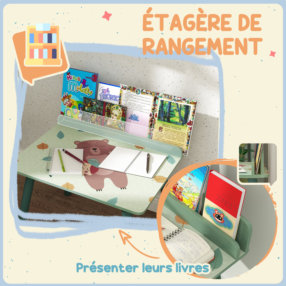 Set tavolo e sedia per bambini con portalibri, motivi orsetto, per bambini dai 3 agli 8 anni, verde