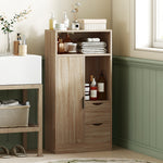 Meuble de salle de bain, meuble de rangement étroit avec 2 tiroirs, compartiments ouverts, 50x25x100cm, bois naturel