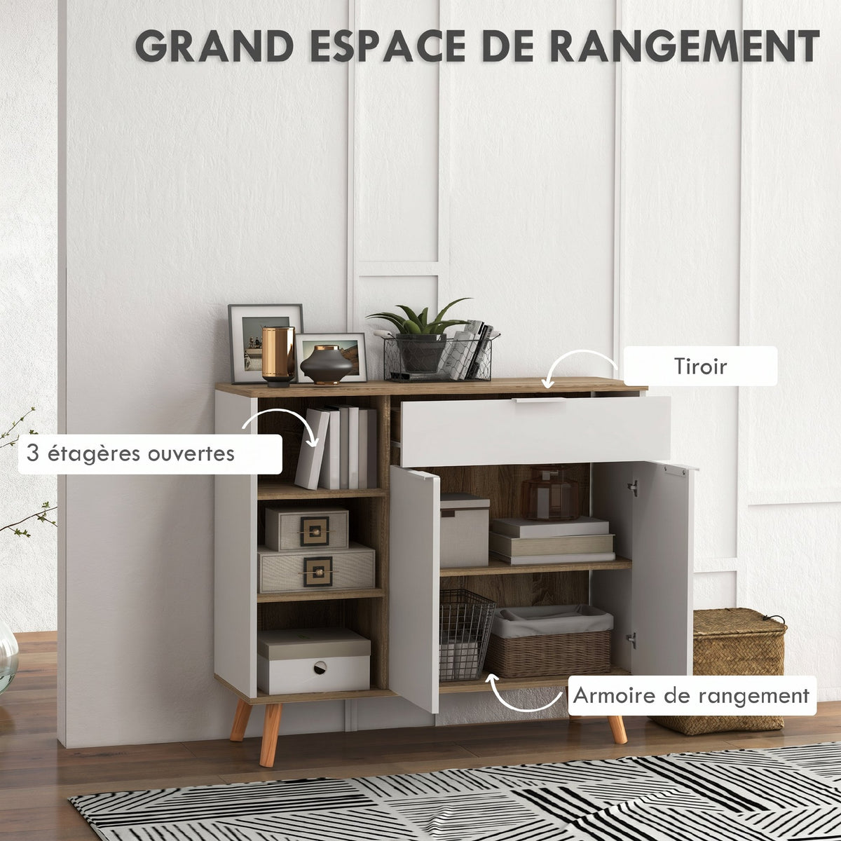 Meuble de rangement buffet cuisine 1 tiroir 1 placard double porte 3 étagères réglables 95 x 35 x 85 cm blanc