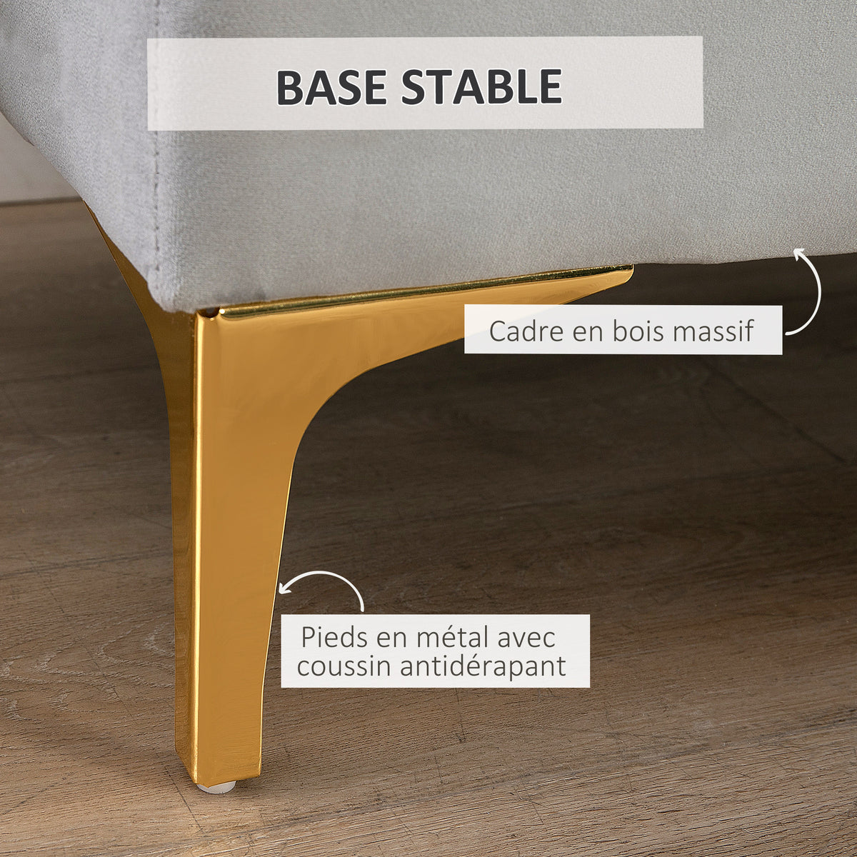 Banc banquette capitonnée bout de lit style classique chic dim. 118L x 45l x 42H cm piètement métal doré velours gris clair
