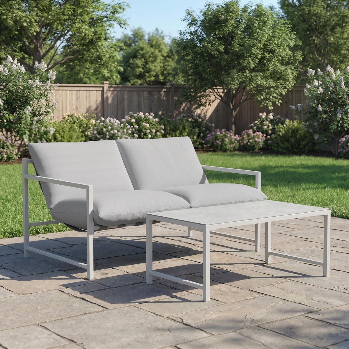 Conjunto de Jardín de Exterior de 2 Piezas, Sofá con Cojines, Mesa de Centro de Vidrio Templado con Efecto Mármol 3D, 125x80x64cm, Gris Claro