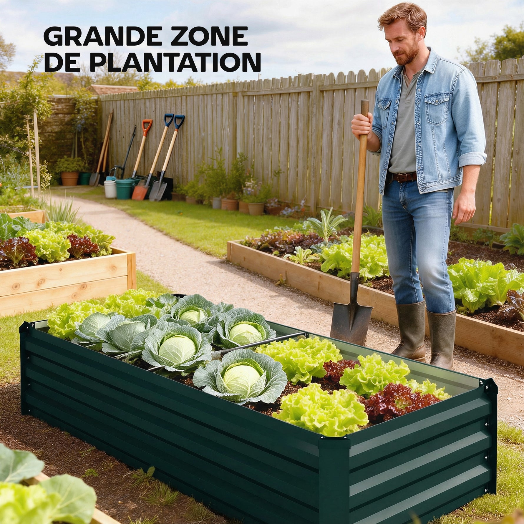 Jardinière rectangulaire potager de jardin en acier galvanisé bordure de sécurité et fond ouvert 150x70x30cm vert