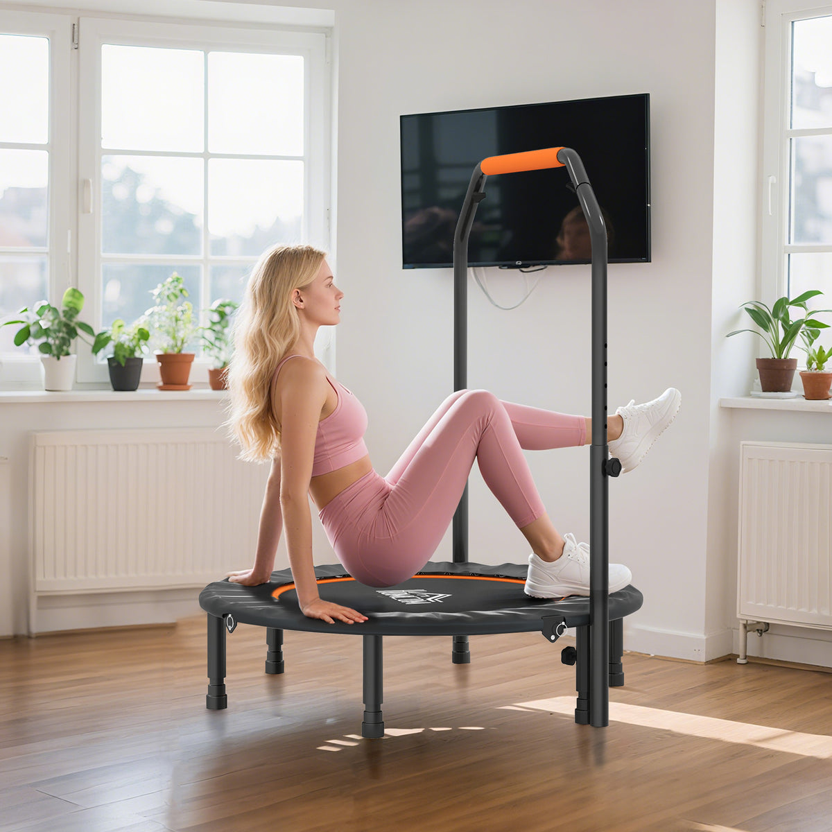 Fitness-Trampolin mit verstellbarem Haltegriff, klappbar, 6 Beine, 28 Federn, Ø 102 cm, schwarz-orange