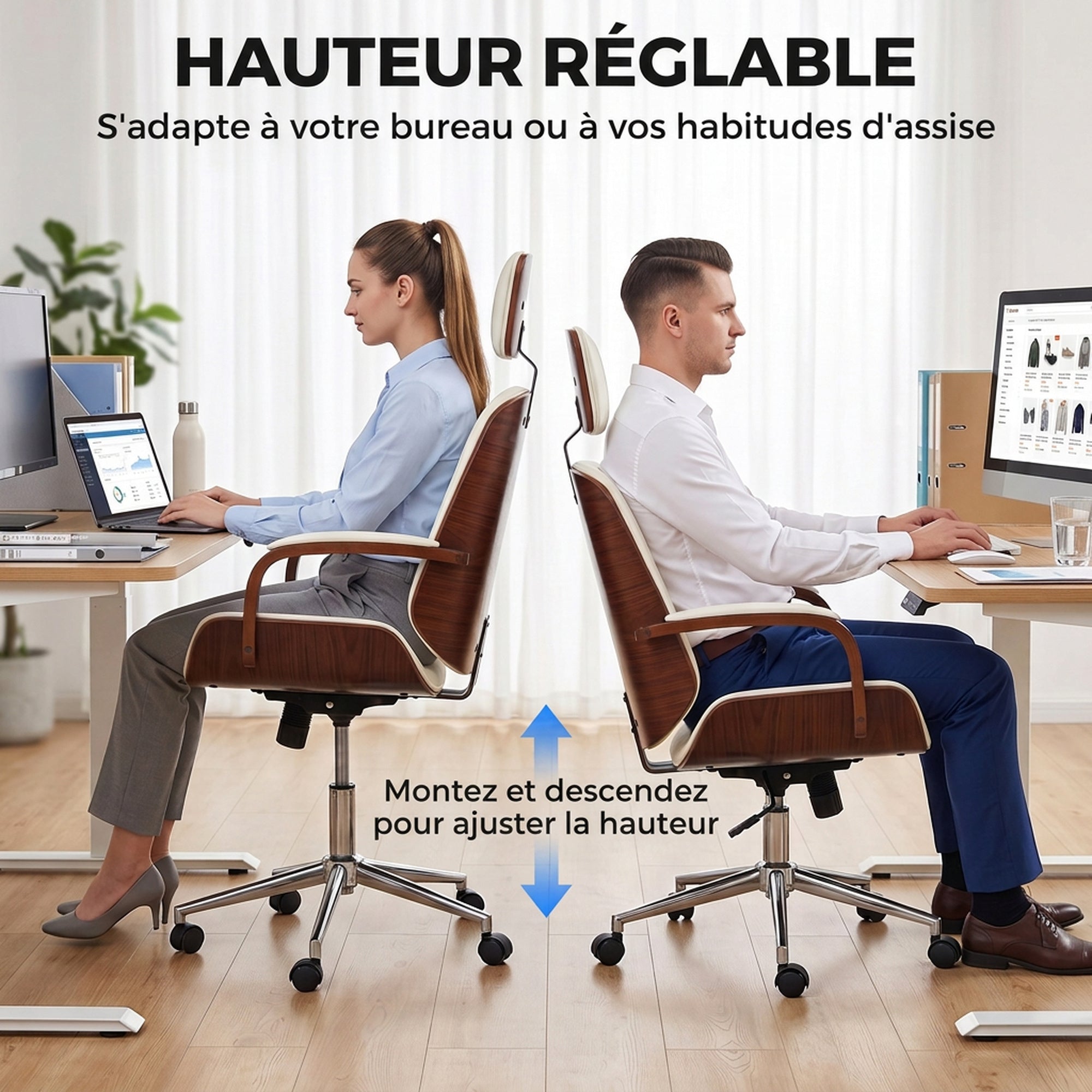 Office chair, desk chair with removable headrest, adjustable height and rocking function, 66x65x125cm, cream