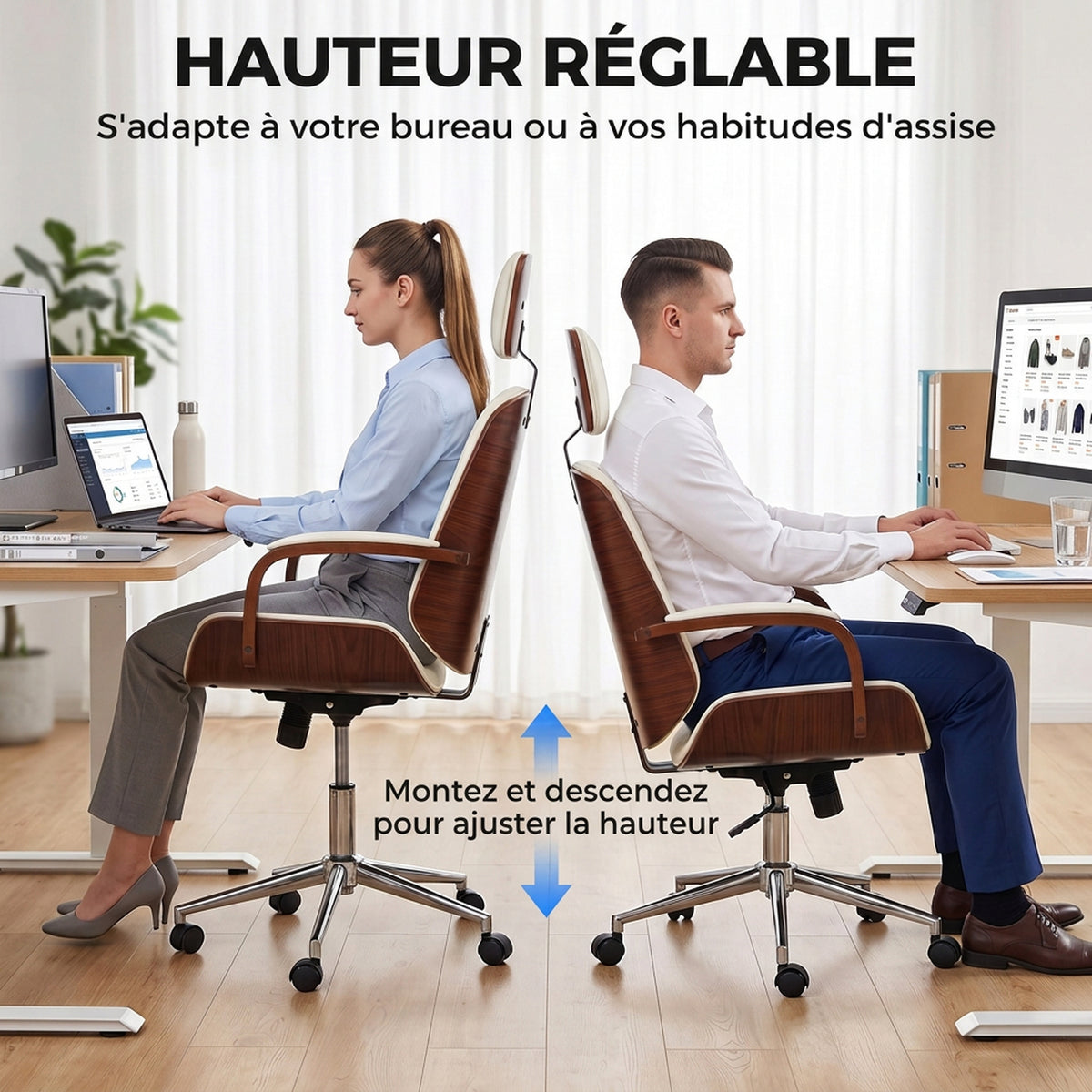 Bureaustoel, bureaustoel met afneembare hoofdsteun, in hoogte verstelbaar en met kantelfunctie, 66x65x125 cm, crème