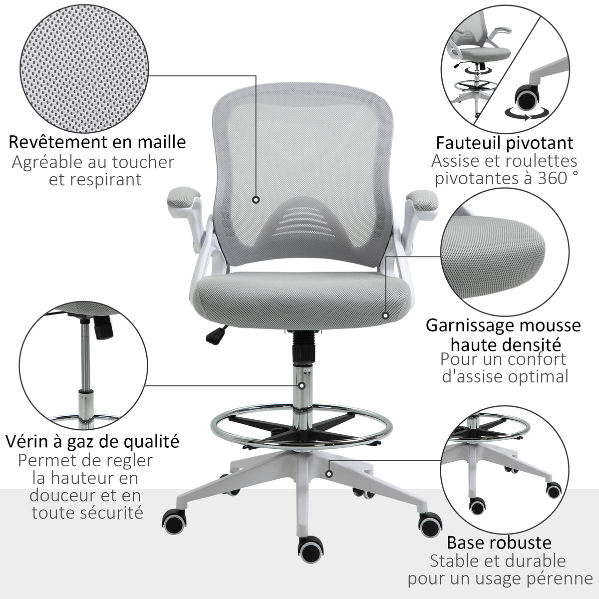 Fauteuil de bureau chaise de bureau assise debout hauteur réglable repose-pieds gris et blanc