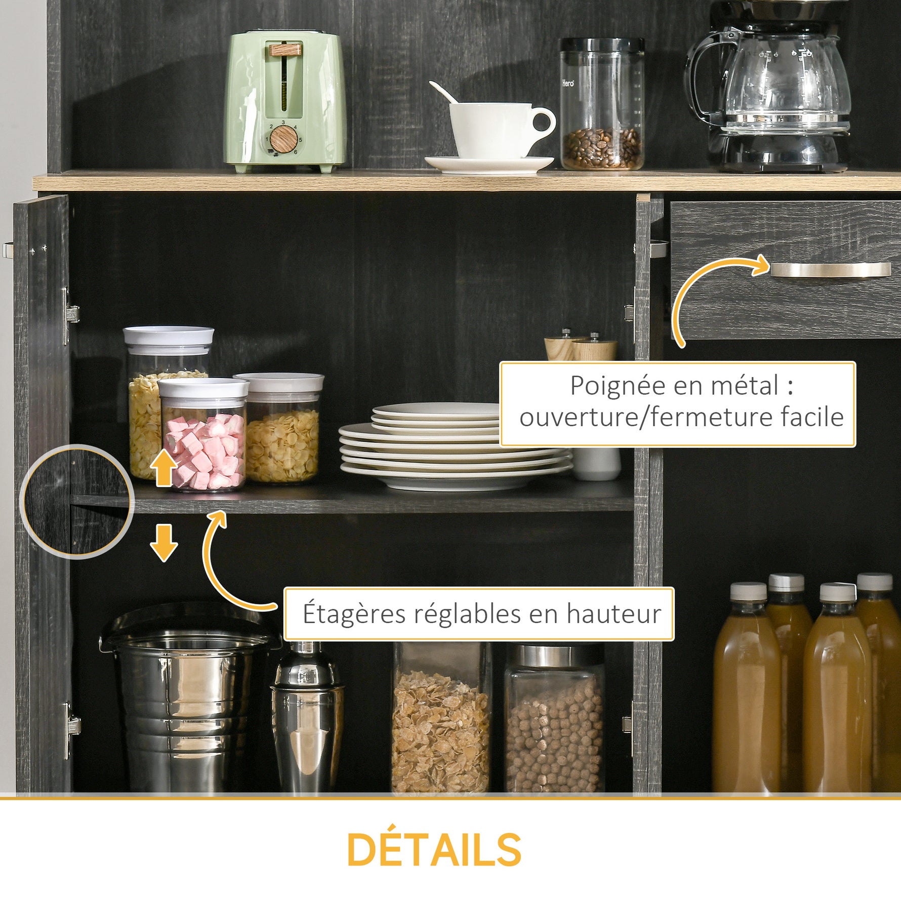 Buffet de cuisine armoire de cuisine contemporaine multi-rangements 6 portes 1 tiroir + grand plateau