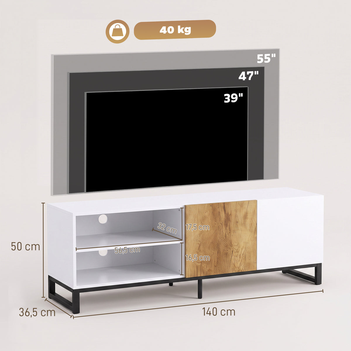 Meuble TV 140 cm, Meuble Télé pour Téléviseur jusqu'à 55 Pouces, 2 Portes à Fermeture Douce et Étagères Réglables, Blanc