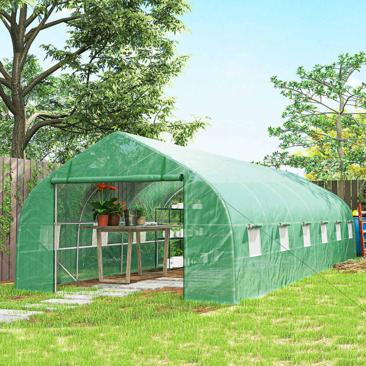 Serre de jardin tunnel grande taille avec bâche PE cadre en acier porte enroulable et 12 fenêtres 8 x 3 x 2 m vert
