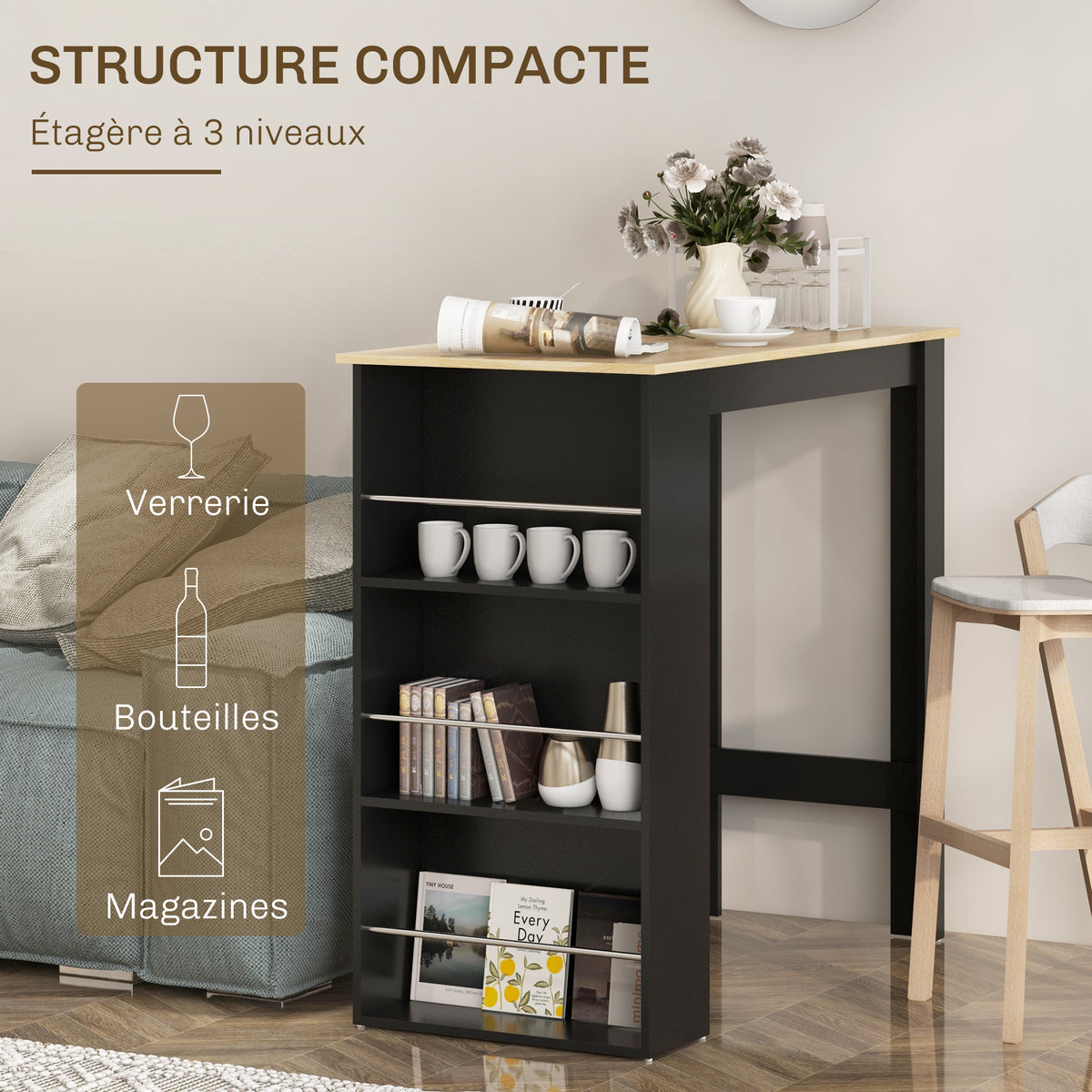 Mesa de bar, mesa alta de cocina, mesa alta, mostrador - dim. 112L x 57an x 106al cm - 3 estantes - negro