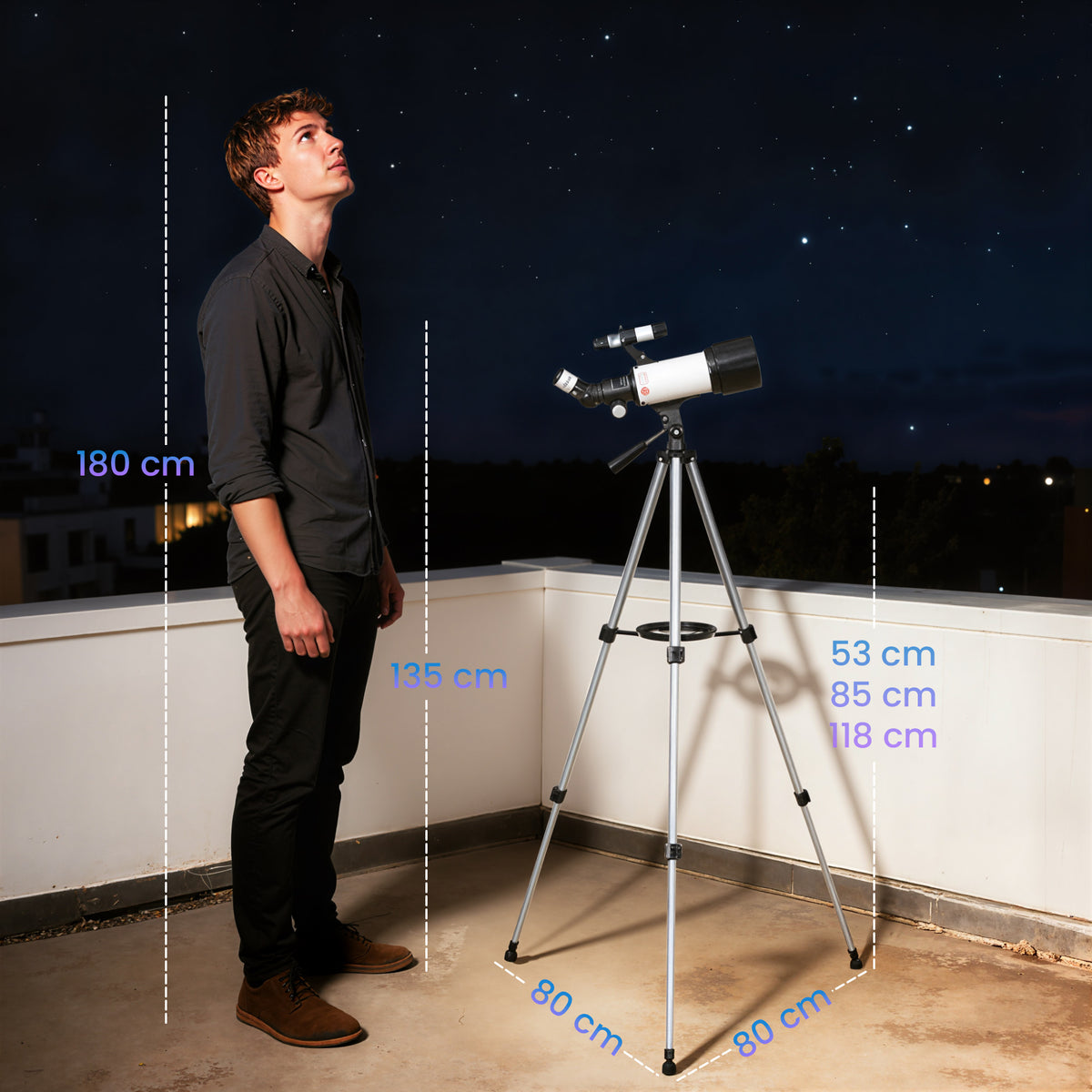 Télescope Astronomique pour Adultes et Débutants 70 mm, 2 Oculaire 40X/16X, Trépied Réglable, 80 x 80 x 135 cm, Blanc