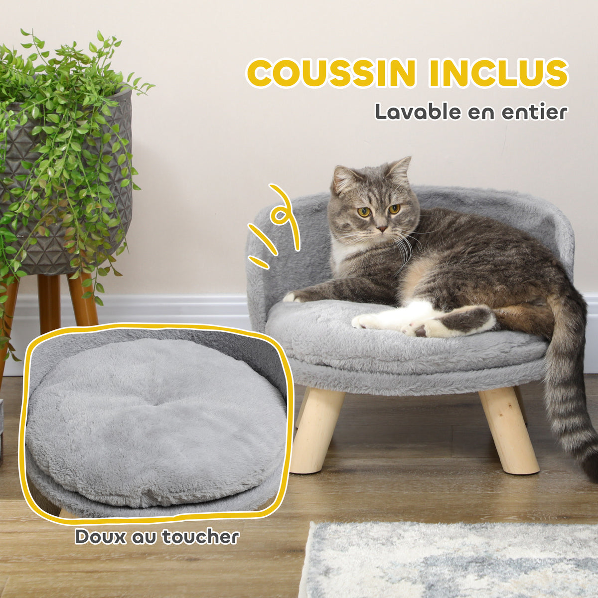 Canapé lit panier pour chien design scandinave coussin moelleux amovible pieds en bois Ø 40,5 x 33H cm gris