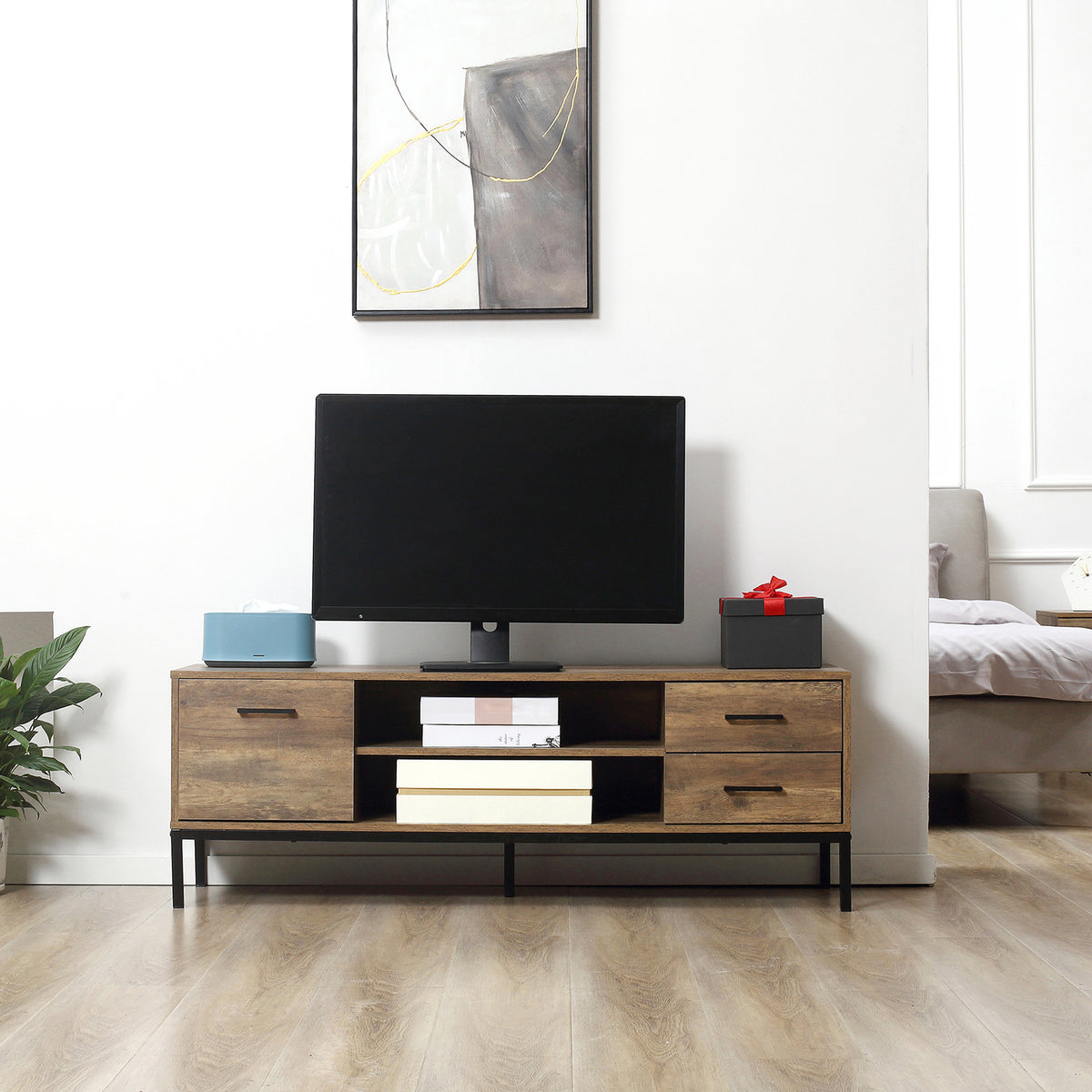 Meuble TV banc TV jusqu'à 50 pouces placard, 2 tiroirs et étagère - 2 passe-câbles - 132 x 39 x 45,5 cm marron noir