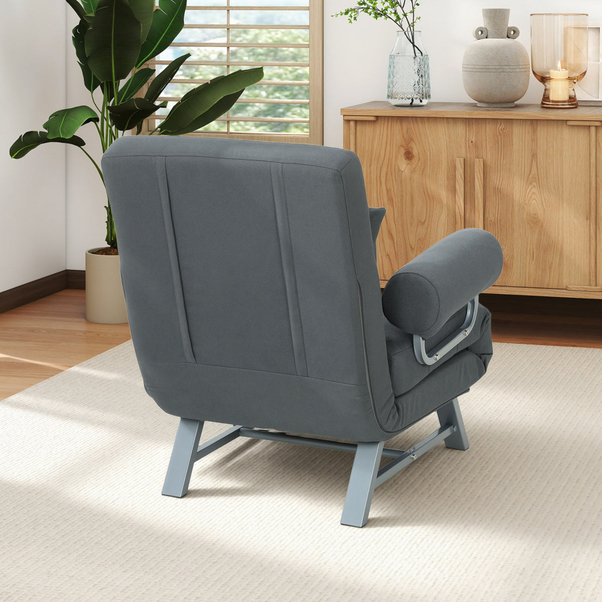 Sillón convertible individual, sillón cama plegable acolchado de lino con respaldo ajustable, cojín, gris oscuro