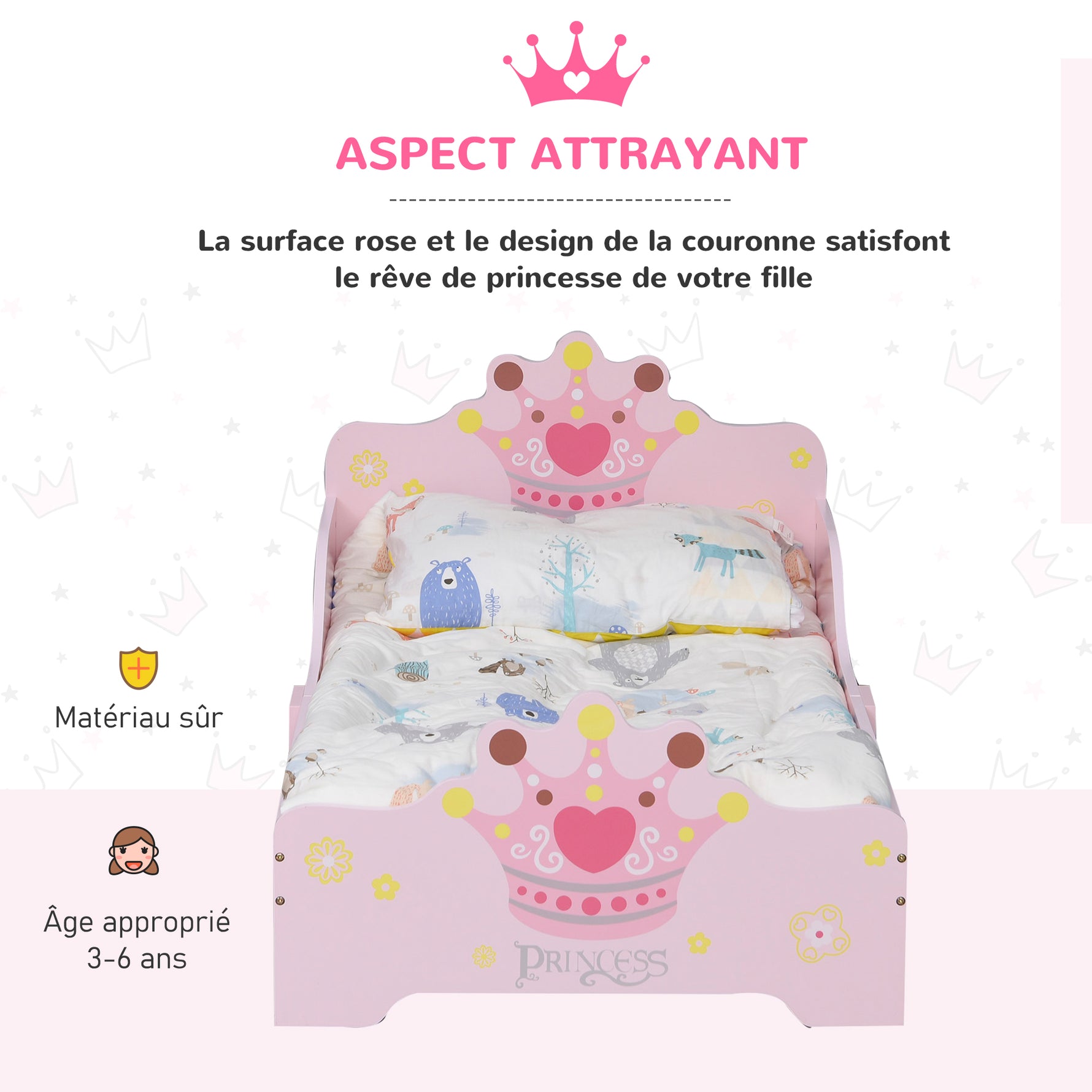 Lit Enfant 140 x 70 cm - lit d'enfant Design Princesse Motif Couronne - sommier à Lattes Inclus - MDF Contre-plaqué Rose