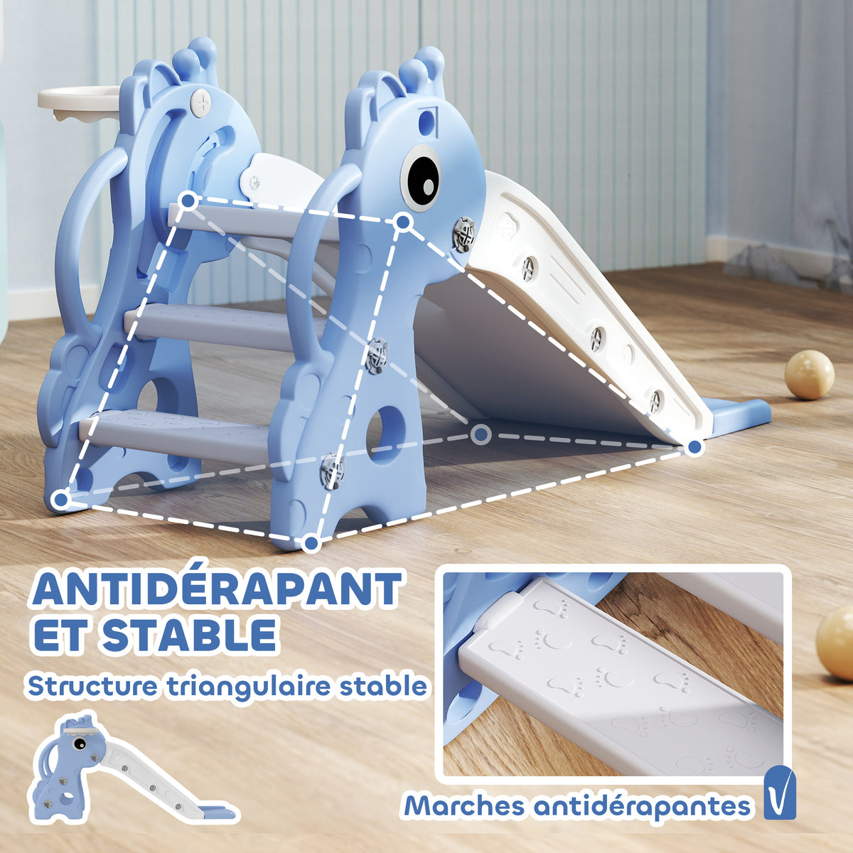Toboggan pour enfants 3 en 1 en forme de girafe avec panier de basket, escalade et ballon, 106 x 51,5 x 52 cm, bleu