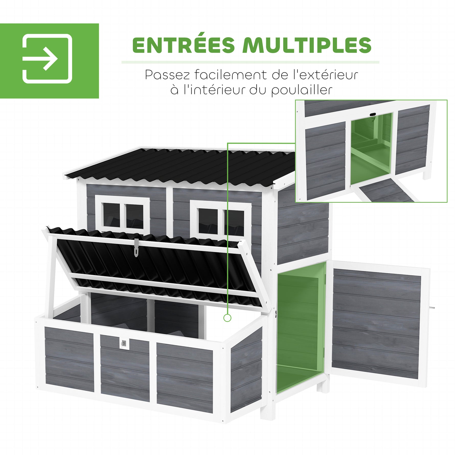 Poulailler en bois XL avec nichoir 3 compartiments tiroir amovible toit imperméable porte-rampe 100x86x100cm gris