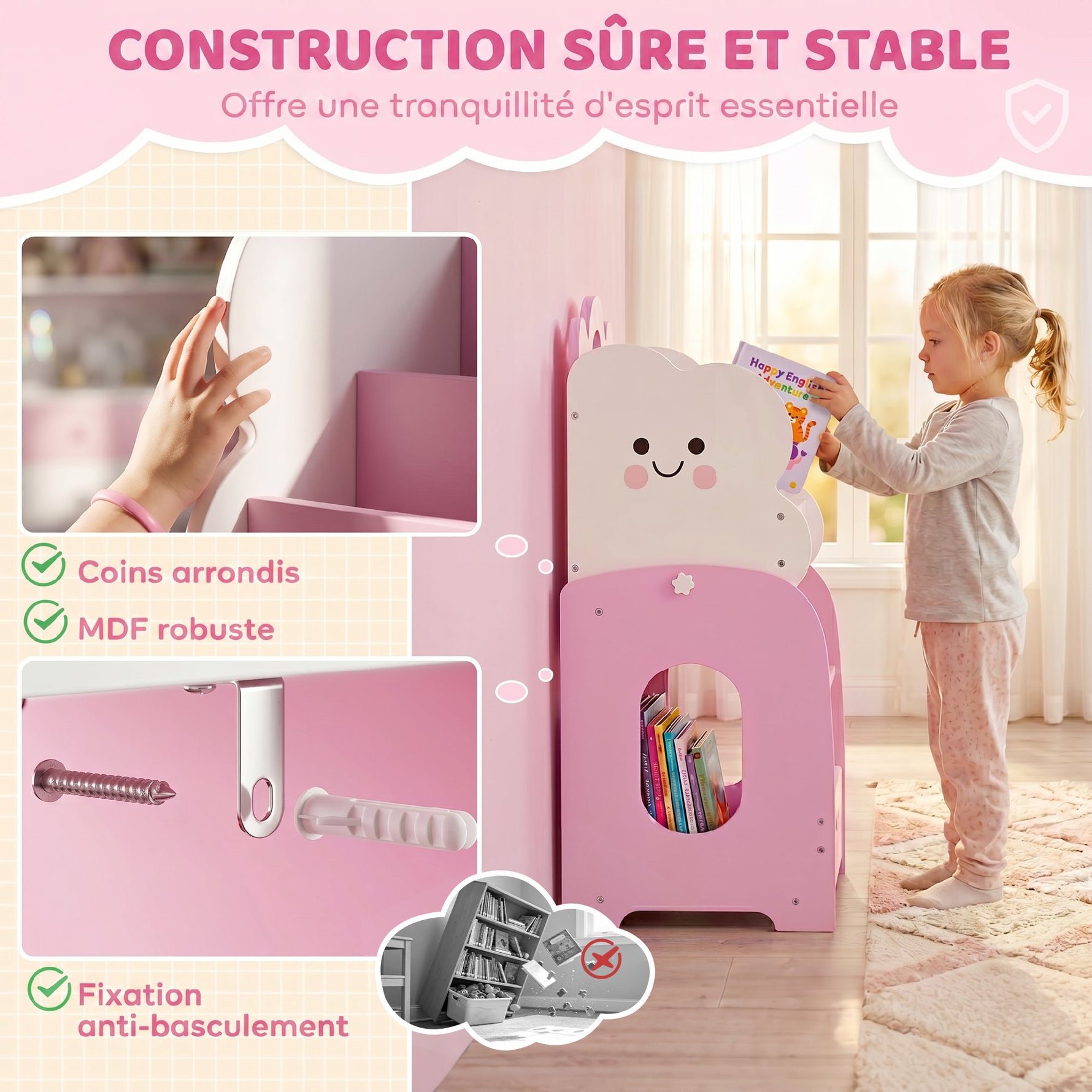 Meuble rangement enfant 3 à 8 ans, rangement jouets enfant modulaire avec porte-magazines à 4 étagères, rose