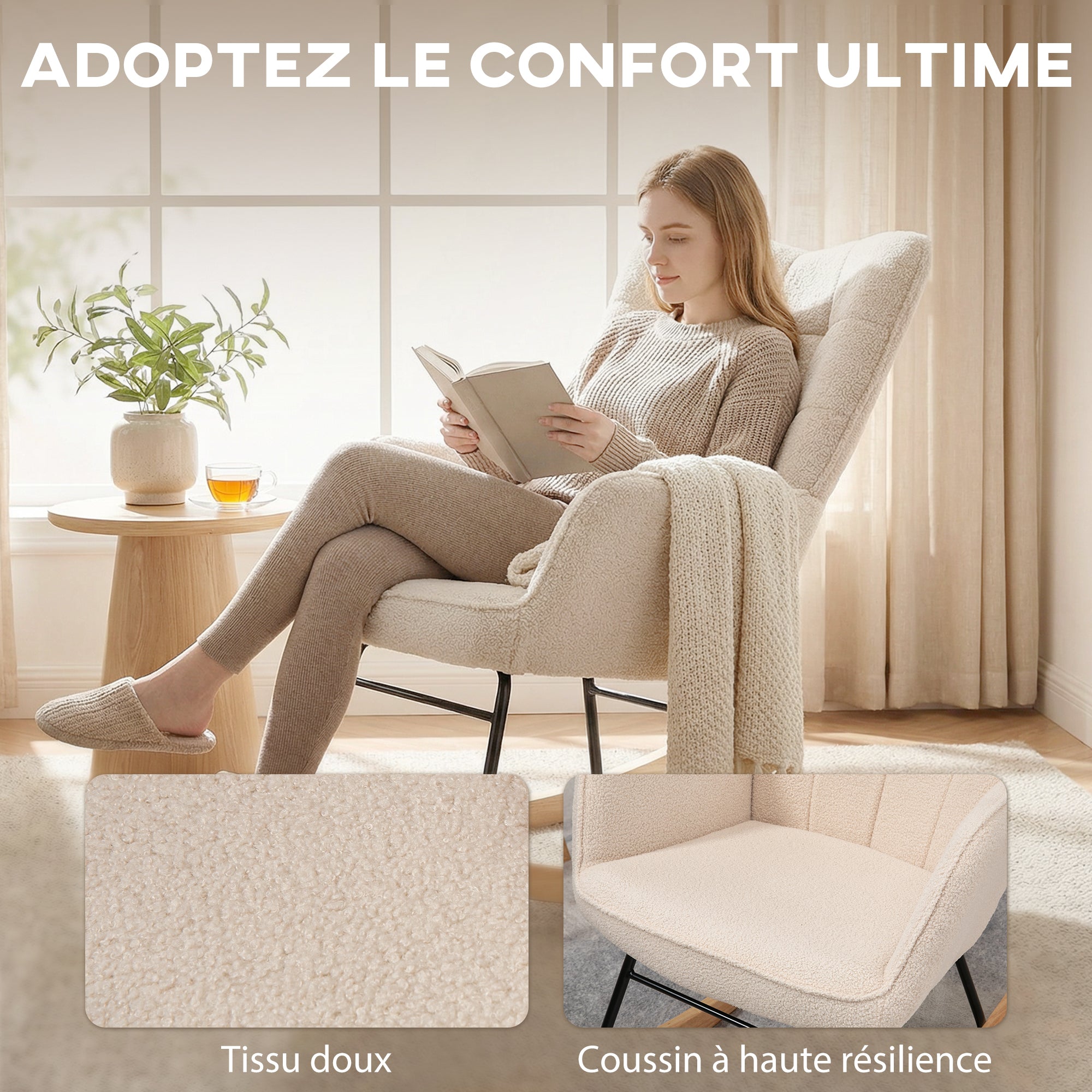 Rocking chair with bouclé wool-effect upholstery, steel frame, 71 x 98 x 101 cm, beige