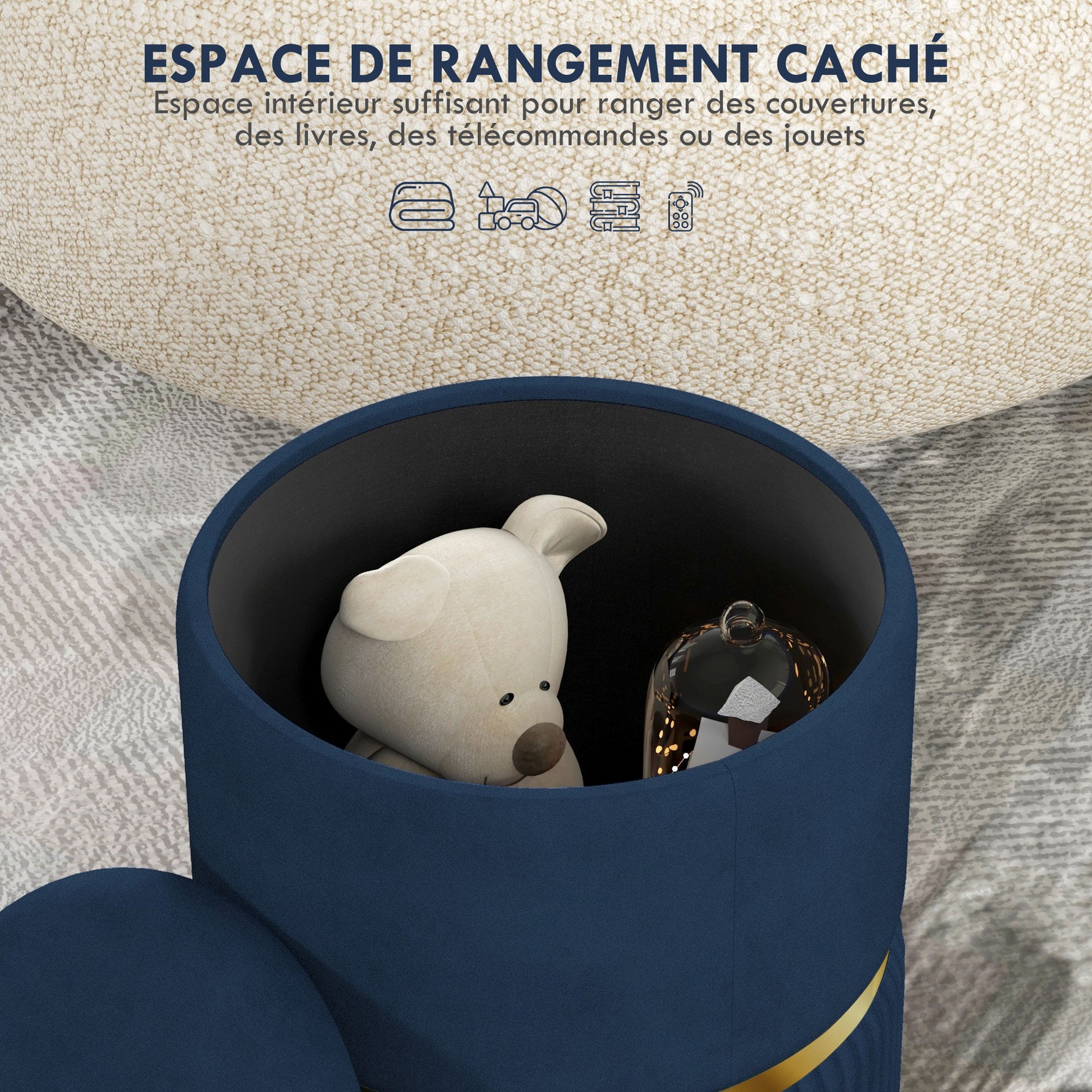 Pouf tabouret repose-pied coffre de rangement en velours côtelé 36 x 36 x 44 cm pour salon chambre bleu
