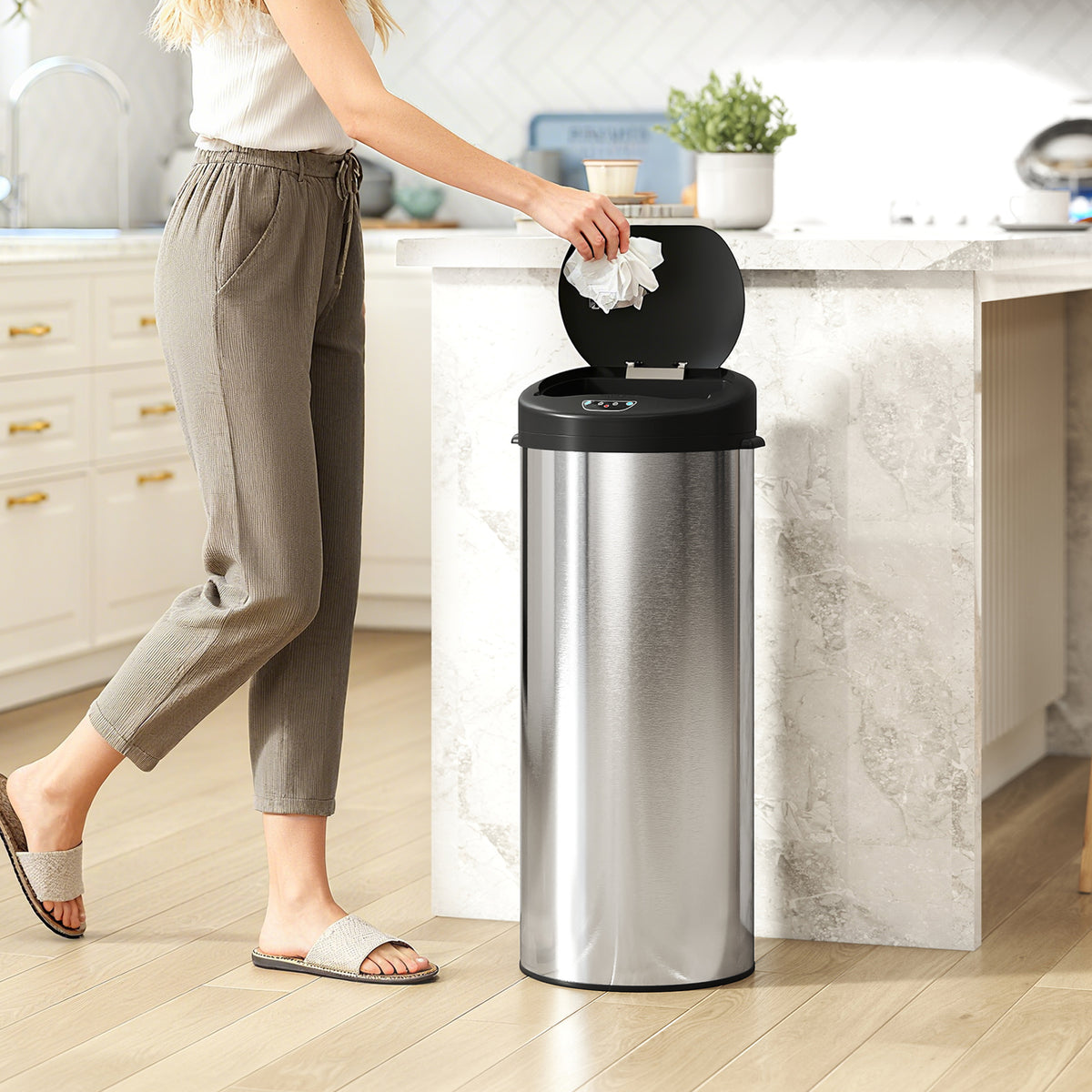 Poubelle de cuisine automatique 55 L en acier inoxydable, couvercle à fermeture en douceur, 32 x 30 x 78,5 cm, argent