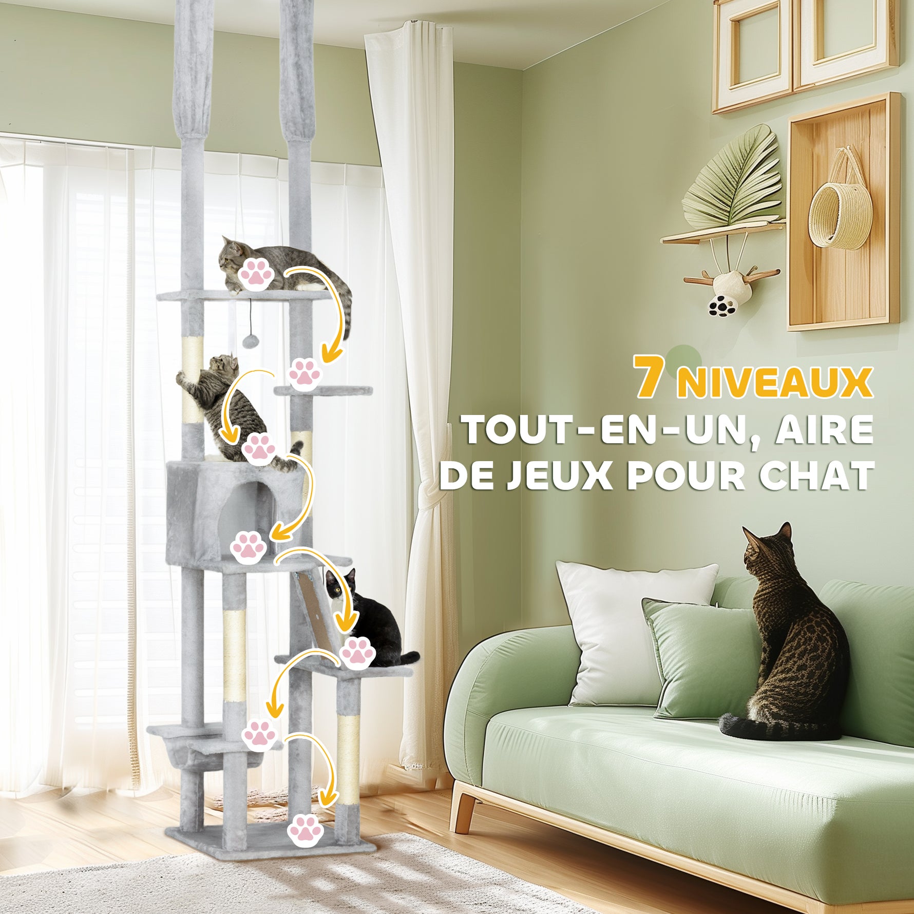 Arbre à chat du sol au plafond griffoir pour chat hauteur réglable 225-255 cm 6 niveaux avec niche hamac gris clair
