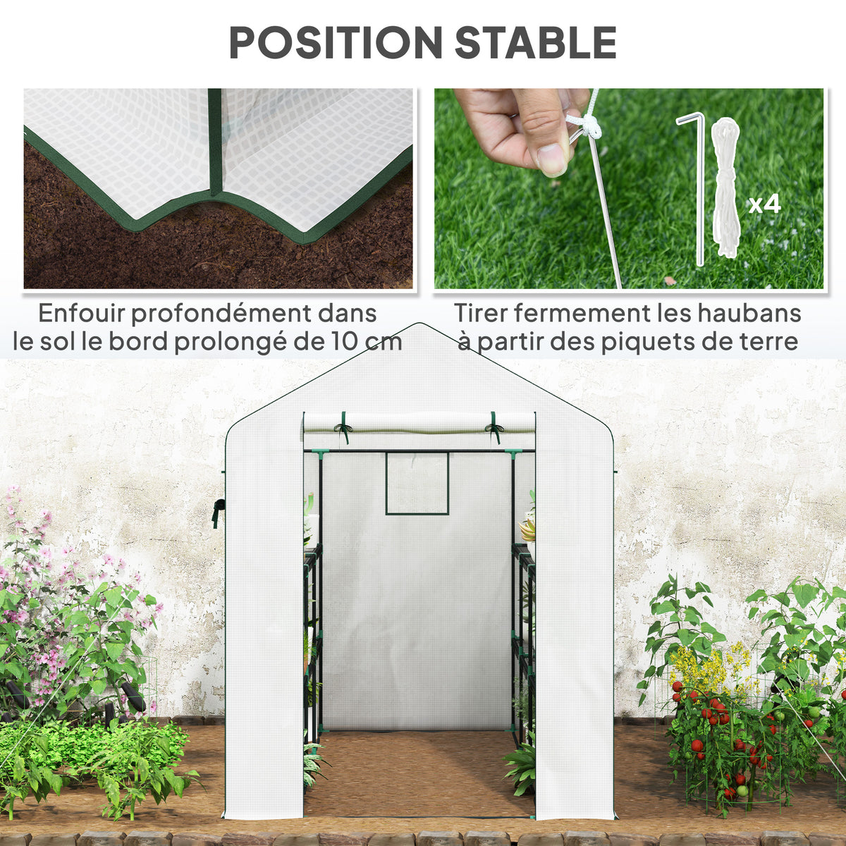 Serre de jardin 3 m² avec étagères 3 niveaux, PE renforcée 135 g/m² anti-UV, porte enroulable et fenêtres en maille