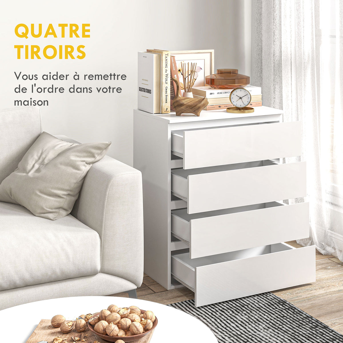 Commode 4 tiroirs meuble de rangement sans poignées design minimaliste 60 x 40 x 80 cm blanc