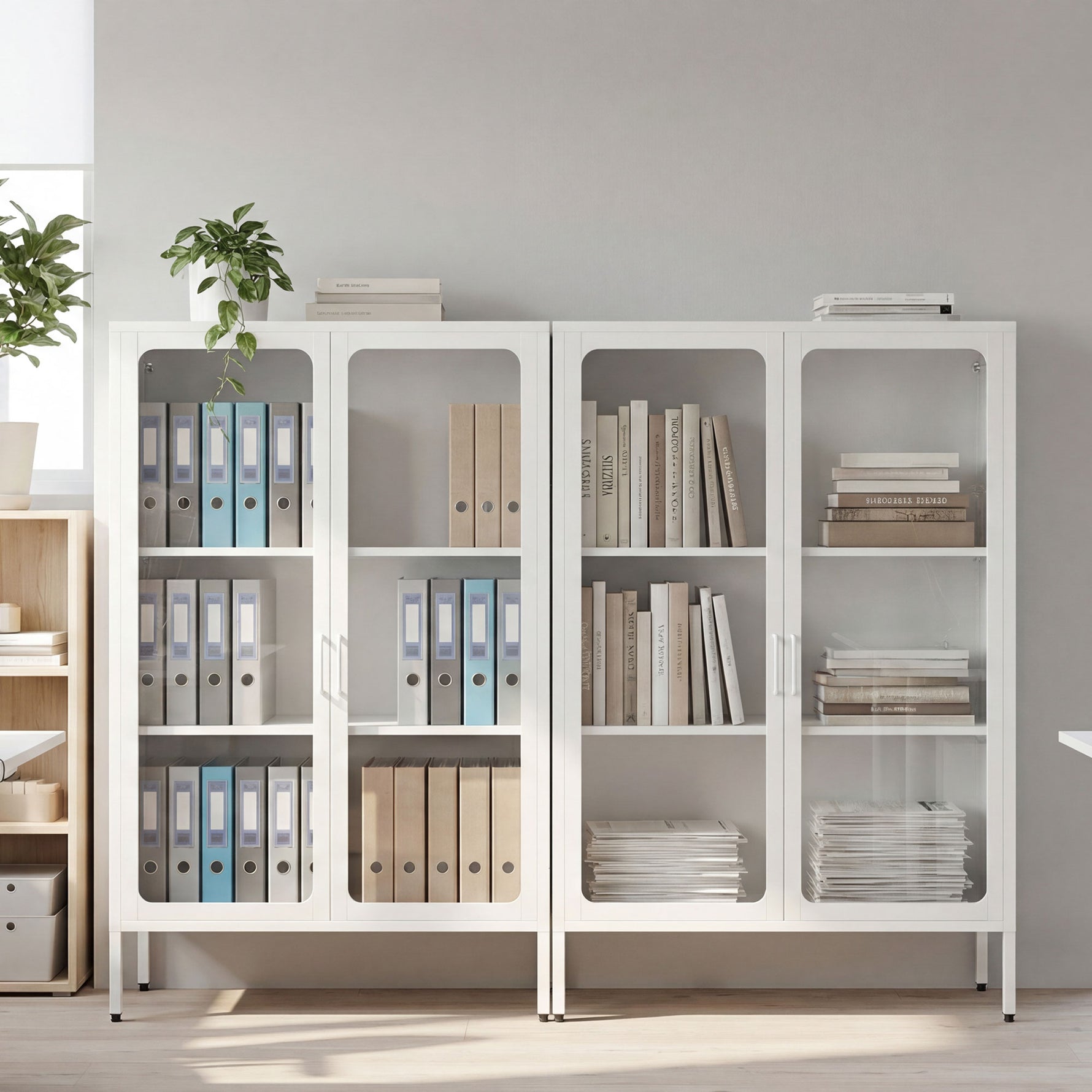 Armoire de bureau avec 2 portes en verre, 2 étagères réglables, meuble de rangement bureau en acier, 80x40x110cm, blanc