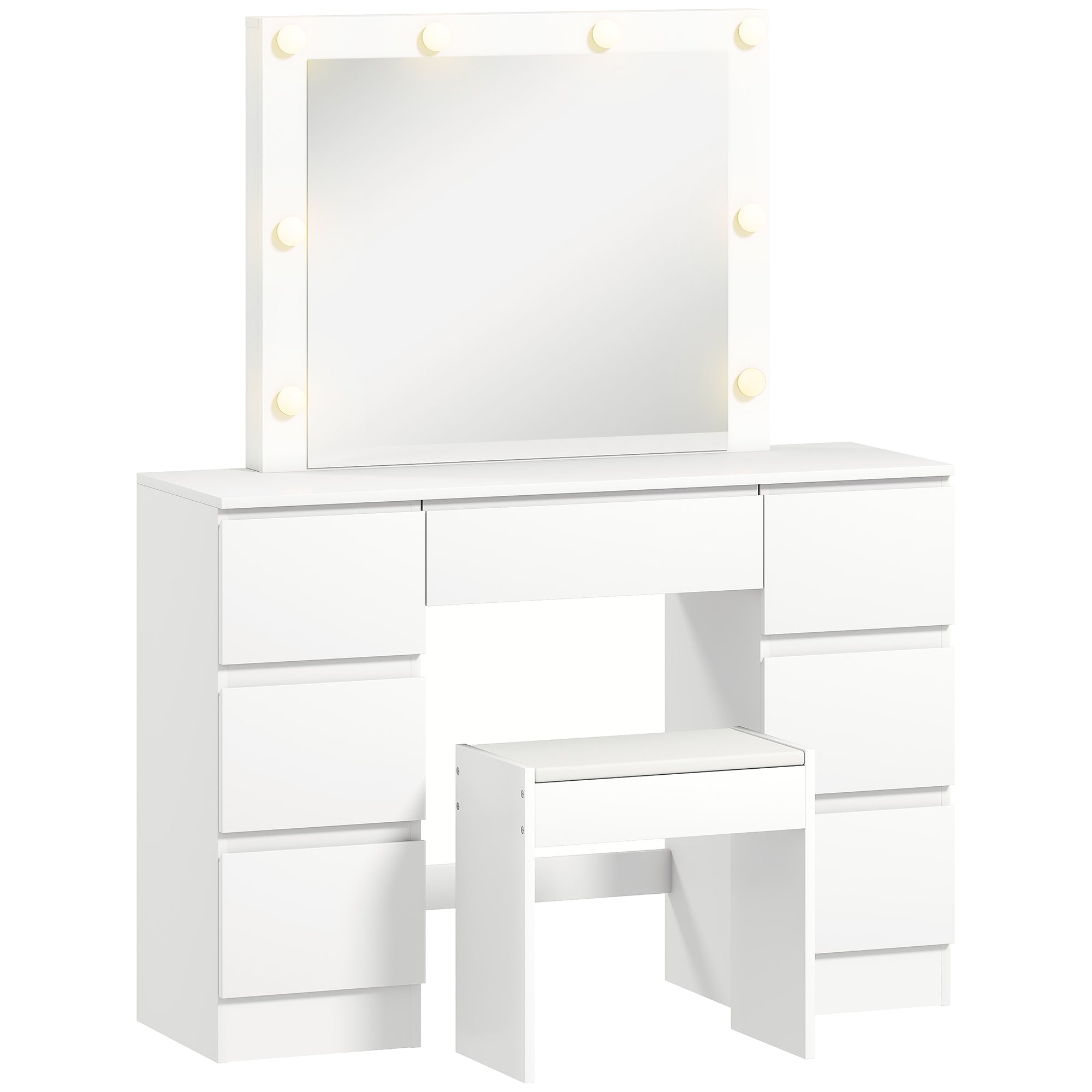 Dressing table with mirror and stool, makeup vanity with LED mirror, padded stool, 7 drawers, 110x39.5x140cm, white