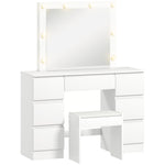 Dressing table with mirror and stool, makeup vanity with LED mirror, padded stool, 7 drawers, 110x39.5x140cm, white
