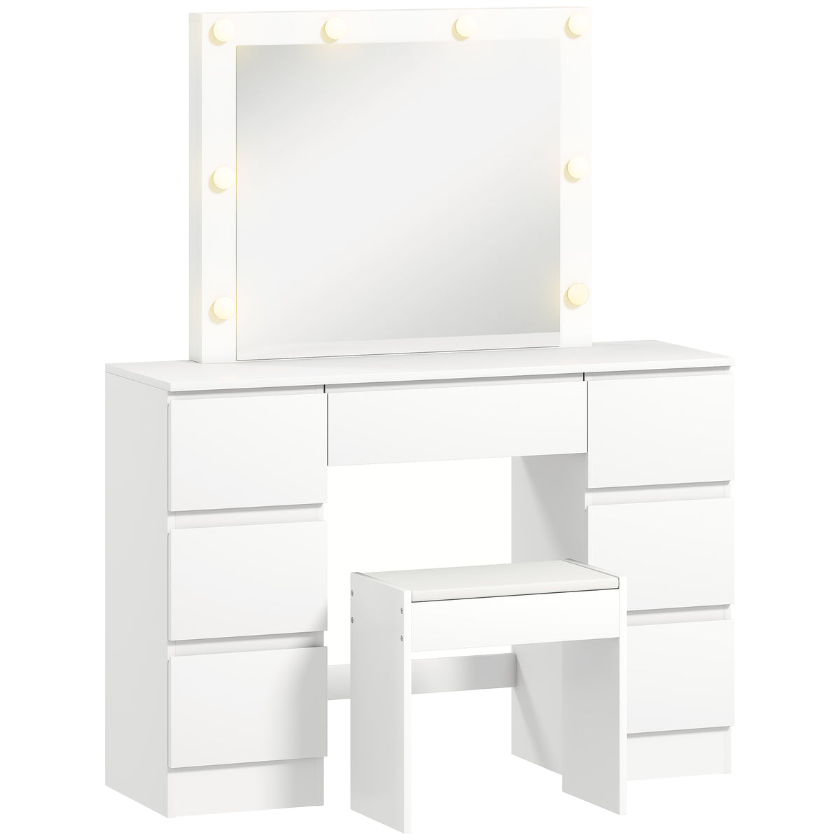 Dressing table with mirror and stool, makeup vanity with LED mirror, padded stool, 7 drawers, 110x39.5x140cm, white