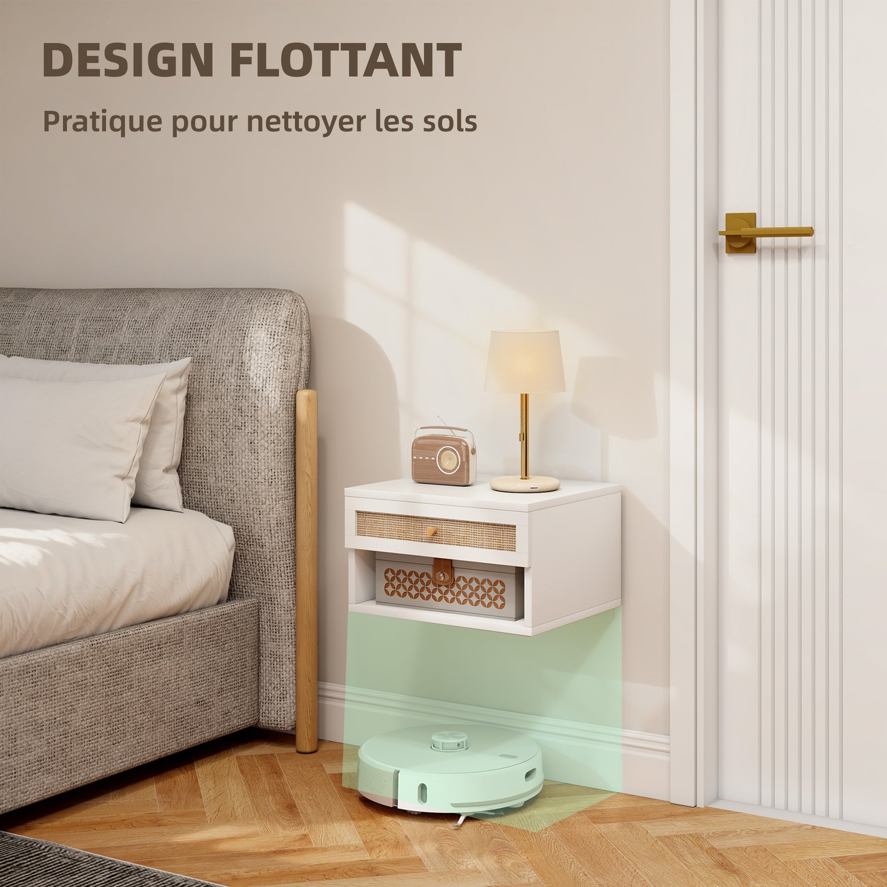 Lot de 2 tables de chevet murales tiroir coulissant, niche, plateau - en bois dim. 40L x 34l x 23H cm