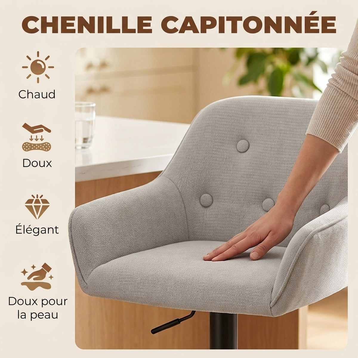 2er-Set Barhocker, Barstühle aus Chenille, höhenverstellbar, um 360° drehbar, mit Rückenlehne und Fußstütze, Grau